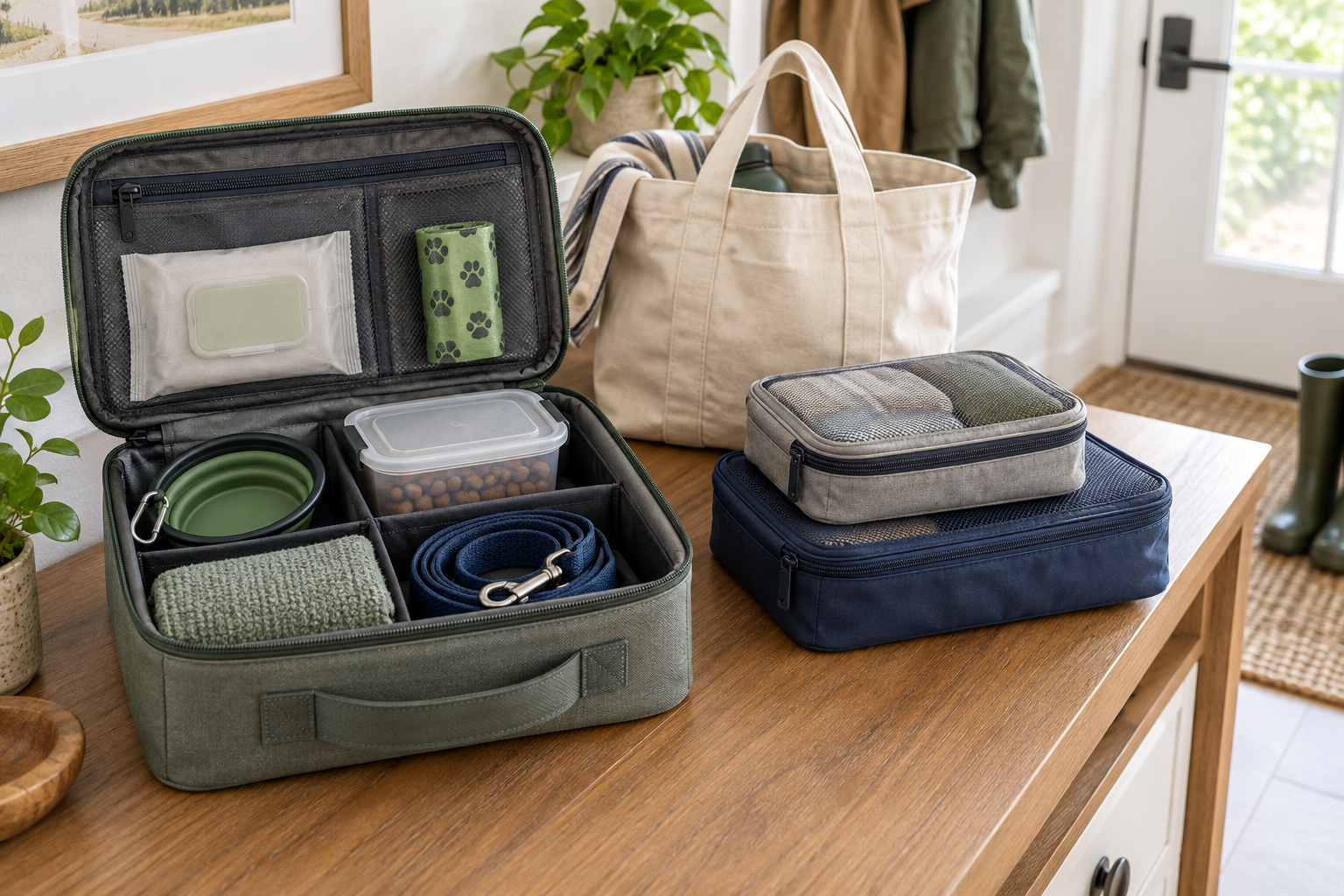 Open structured pet travel supply case with a bowl, sealed food container, towel, cleanup items, and leash beside a canvas tote and packing cubes