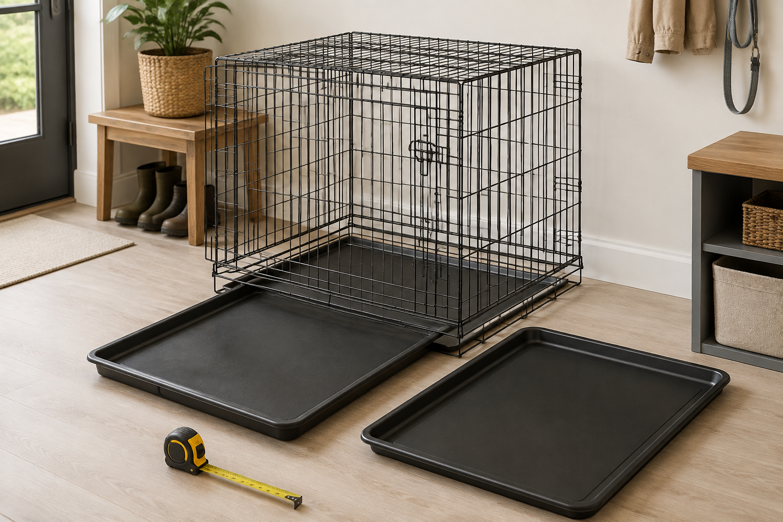 Two smooth unbranded replacement trays beside an intact wire dog crate with a tape measure ready for a fit check