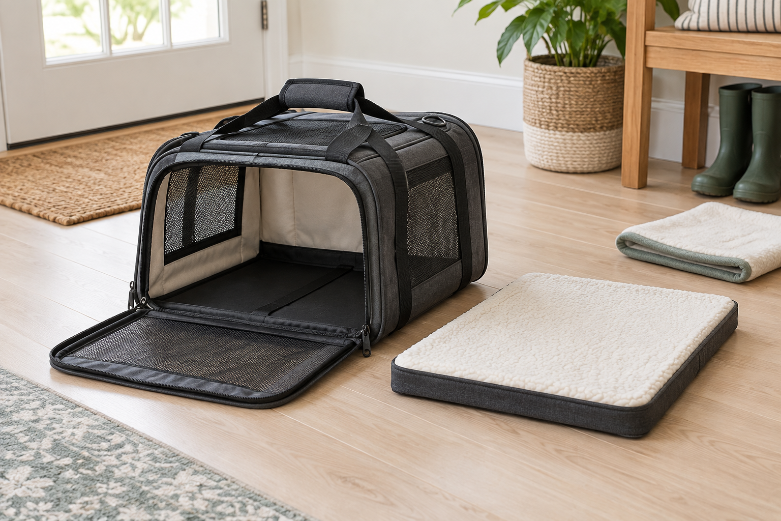 Open charcoal soft-sided pet carrier beside its separate cream-covered rigid base insert for a fit and condition check