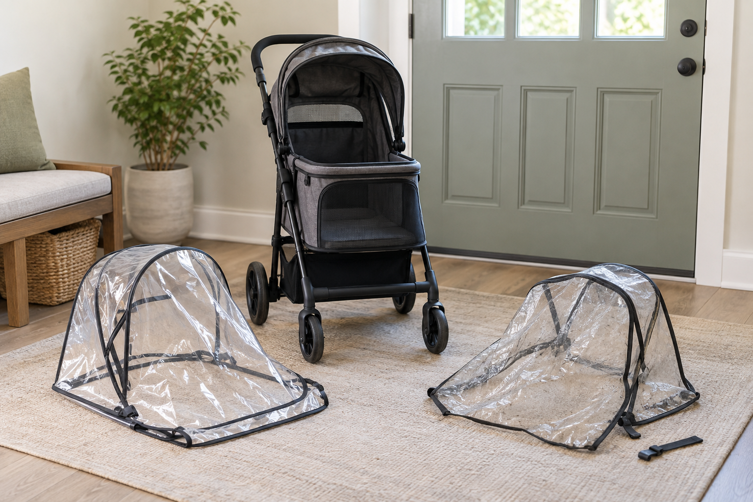 Compact pet stroller in an entryway beside a clean clear replacement rain cover and an older creased cover with a detached attachment tab