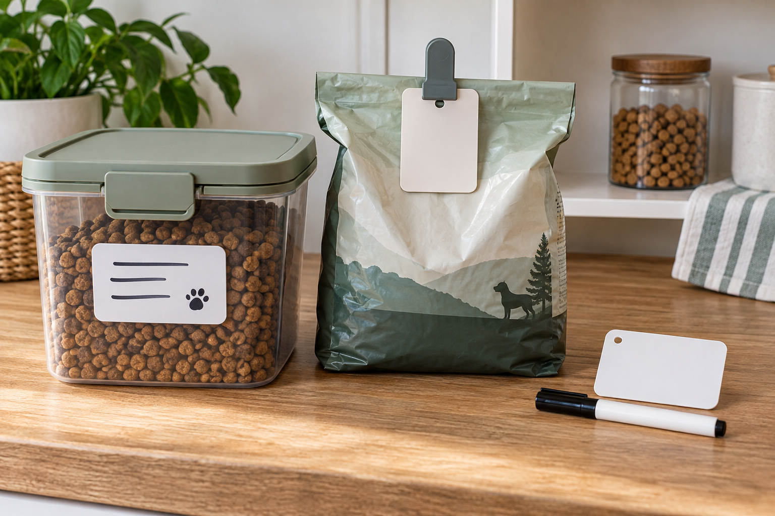 Closed pet food container and original bag with reusable blank labels beside a removable tag and marker on a pantry counter