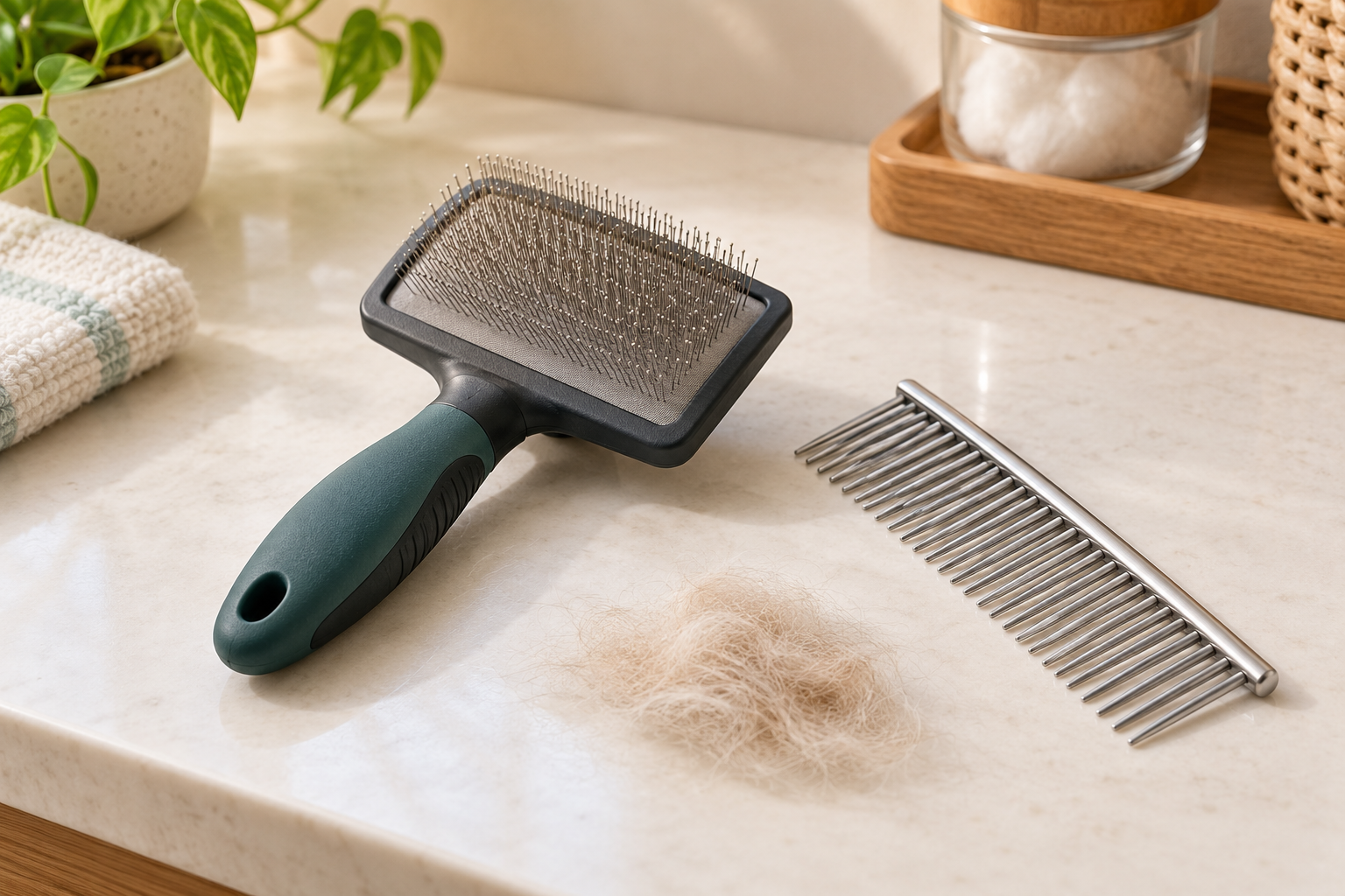 Unbranded rectangular slicker brush beside a wide-tooth grooming comb on a clean home grooming counter