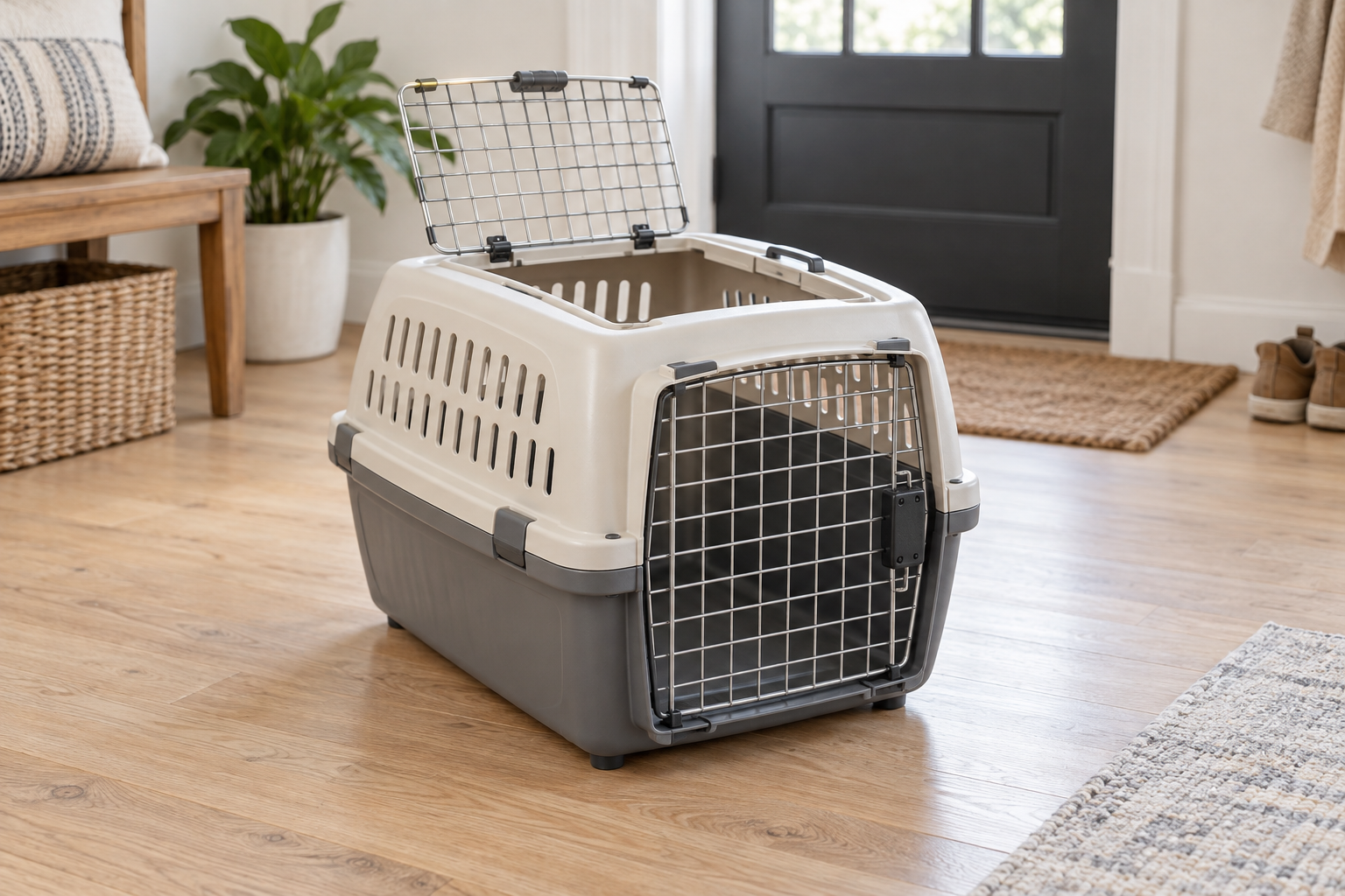 Empty rigid pet carrier resting on a wood floor with its top wire door open for an access check
