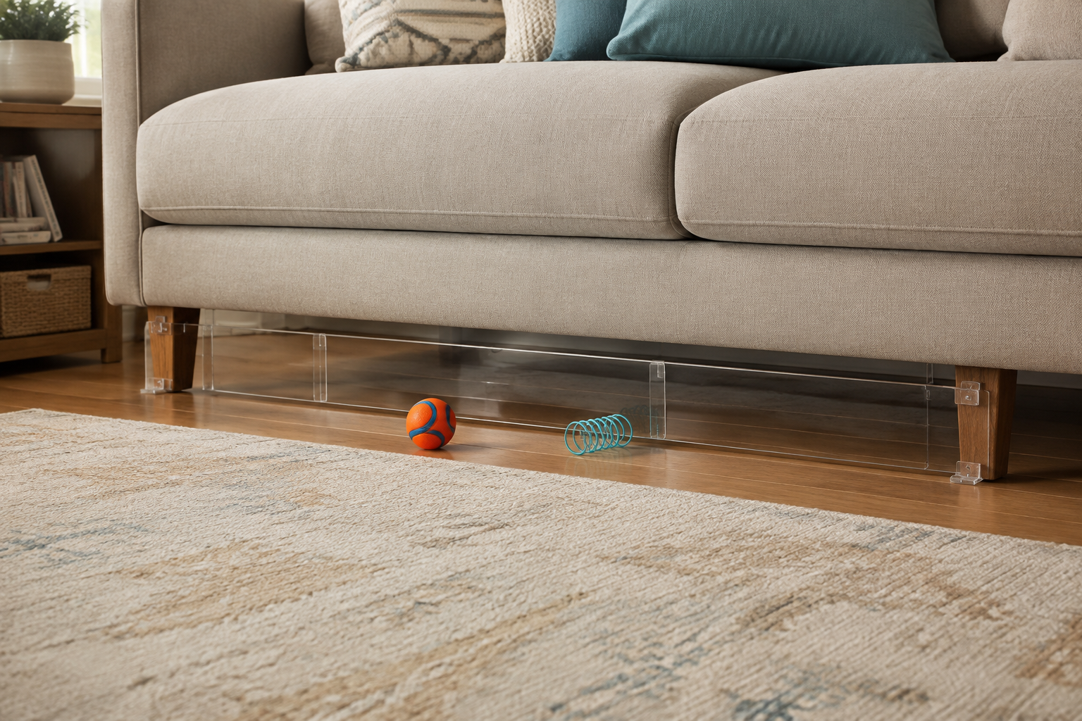 Clear low-profile toy blocker panels installed beneath a beige sofa while a small ball and spring toy remain within reach