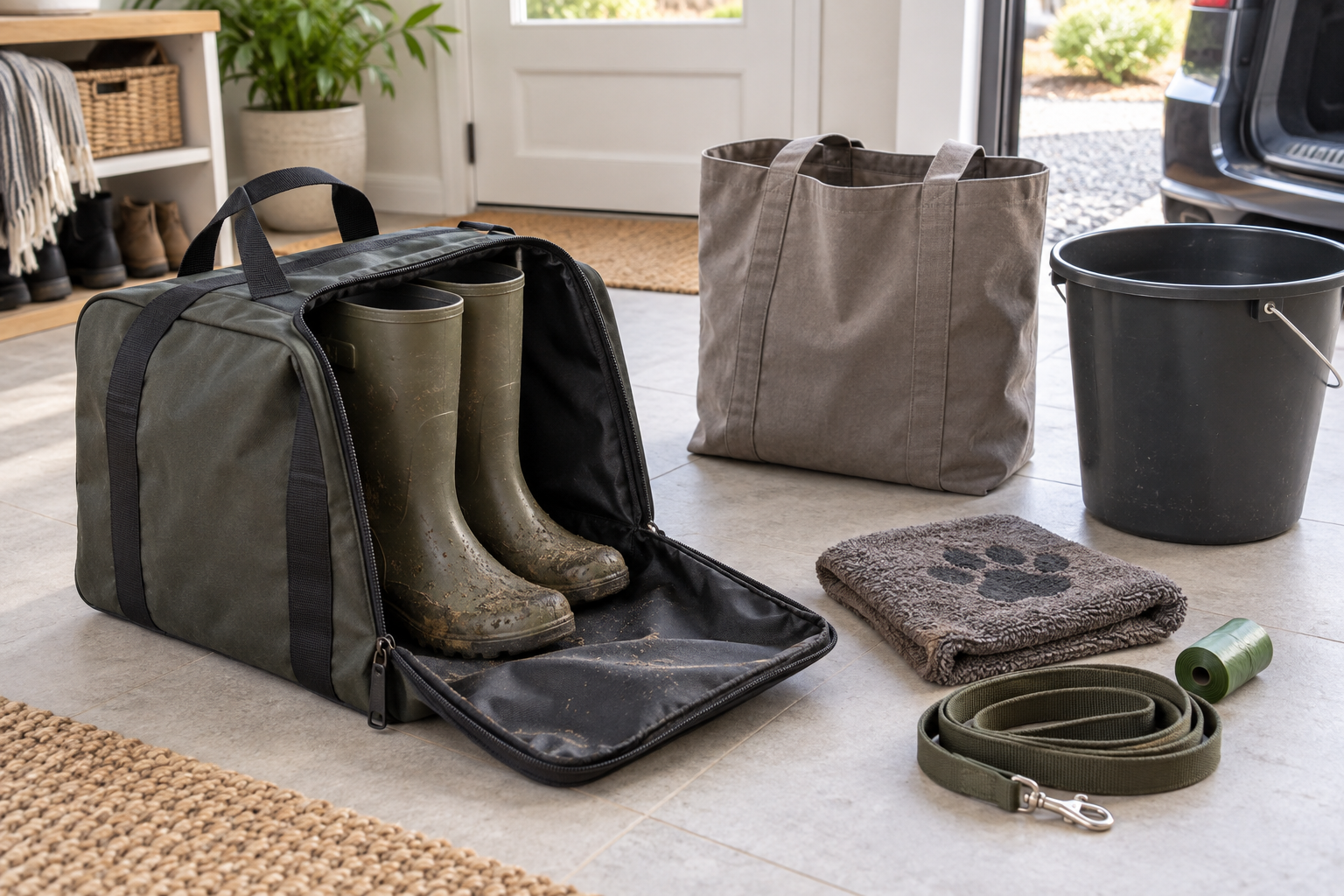 Open washable boot bag holding muddy rain boots beside a washable tote, utility bucket, folded paw towel, leash, and waste-bag roll
