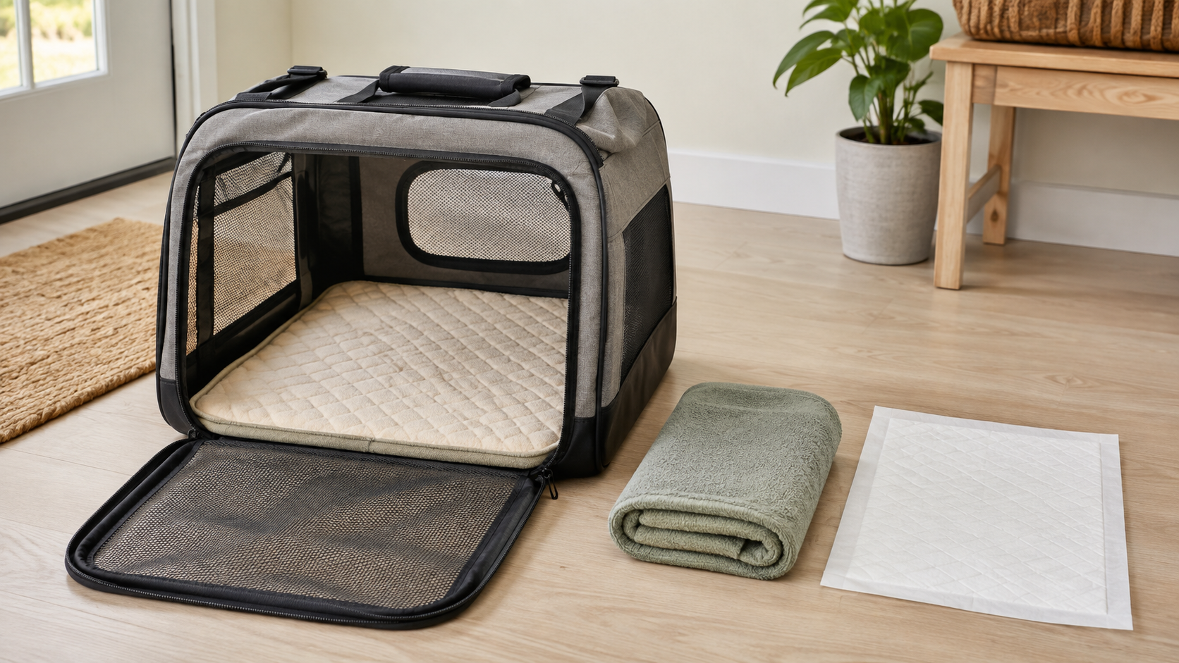 Open soft-sided pet carrier with a cream fitted washable liner, folded towel, and disposable pad for comparing short-trip cleanup options
