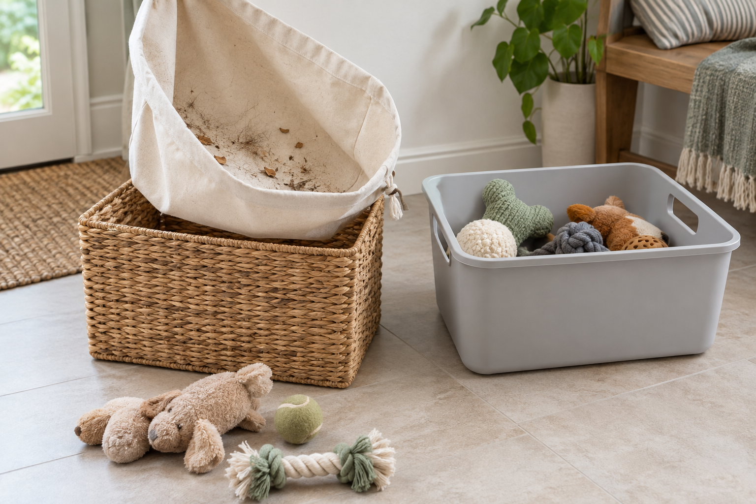 Removable cotton-canvas liner lifted from a woven pet toy basket beside a smooth unlined plastic toy bin