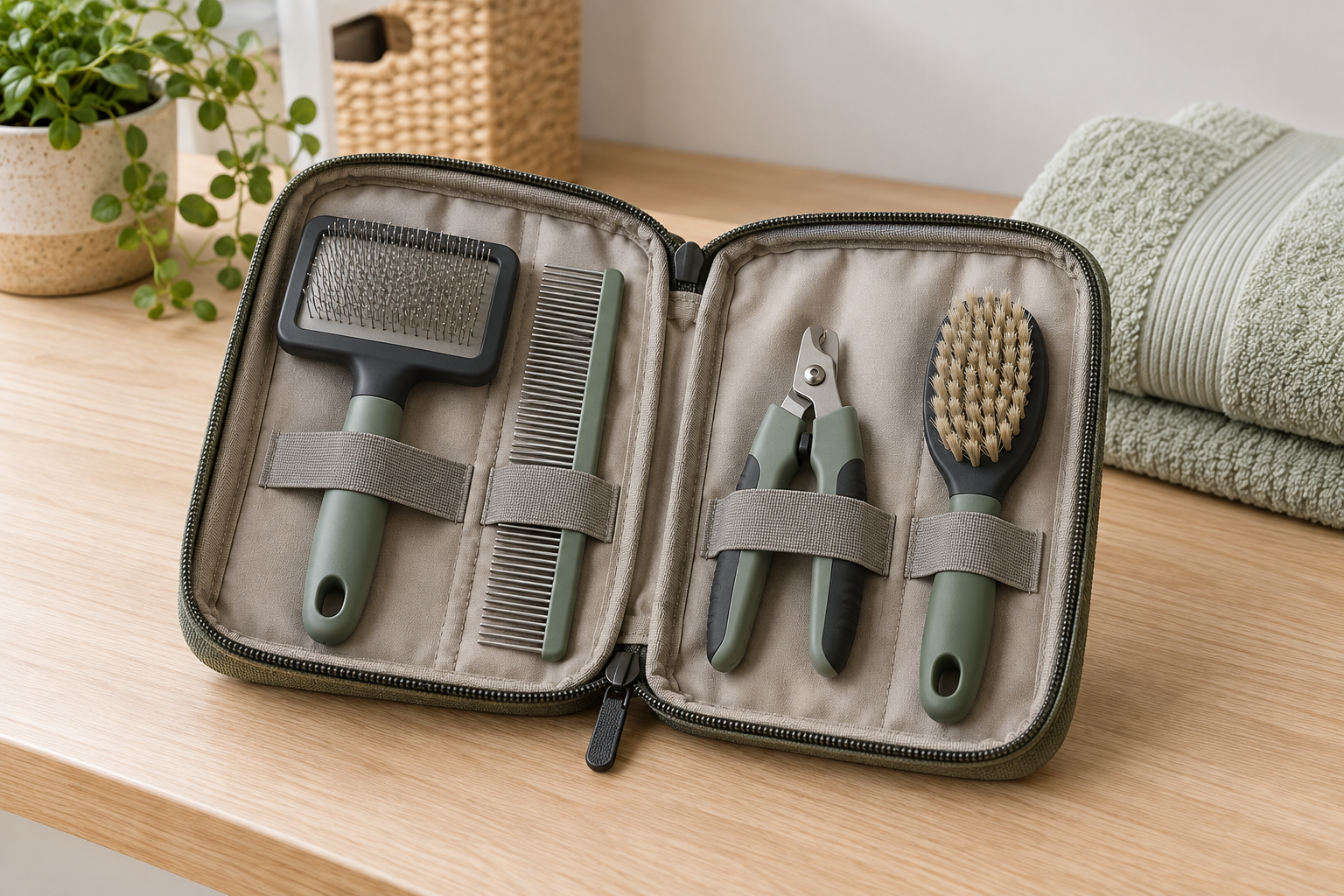 Open zippered fabric grooming pouch with elastic loops holding a slicker brush, metal comb, closed nail clippers, and grooming brush