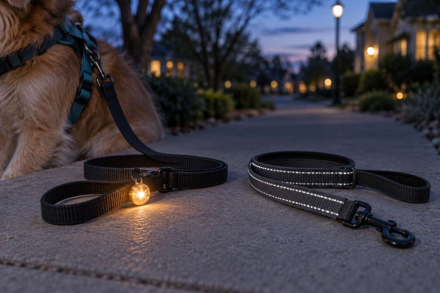 Clip-on visibility light attached near a black leash handle beside a separate leash with reflective stitching at blue hour