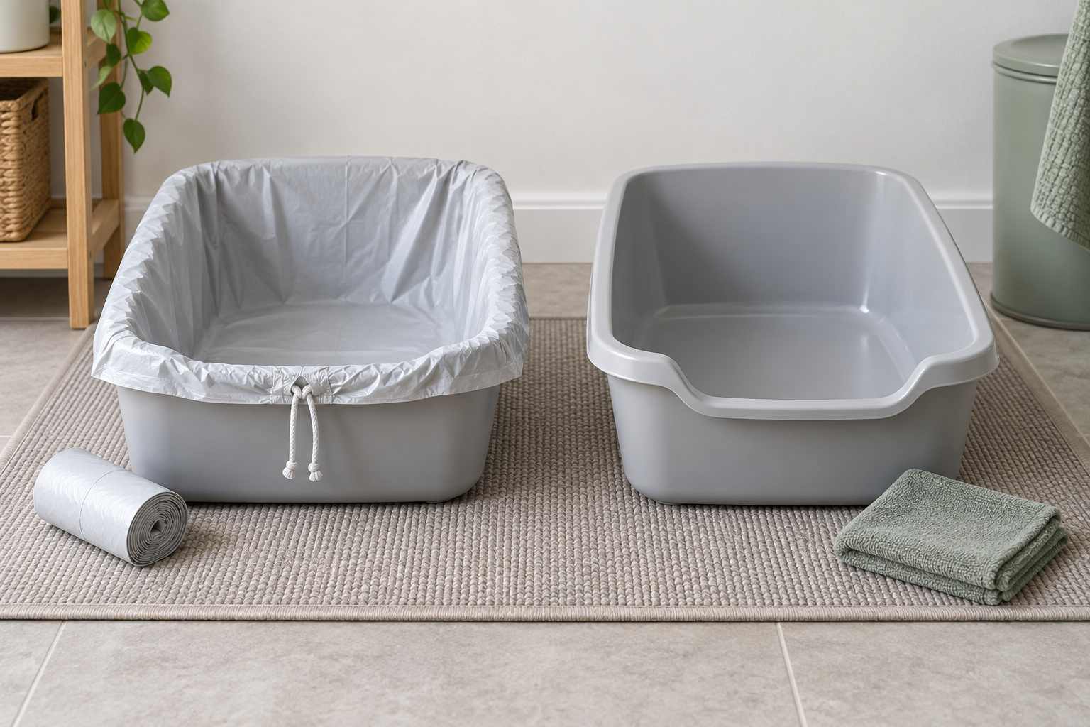 Clean empty litter boxes side by side, with a drawstring liner fitted over the left box rim and a smooth bare interior on the right