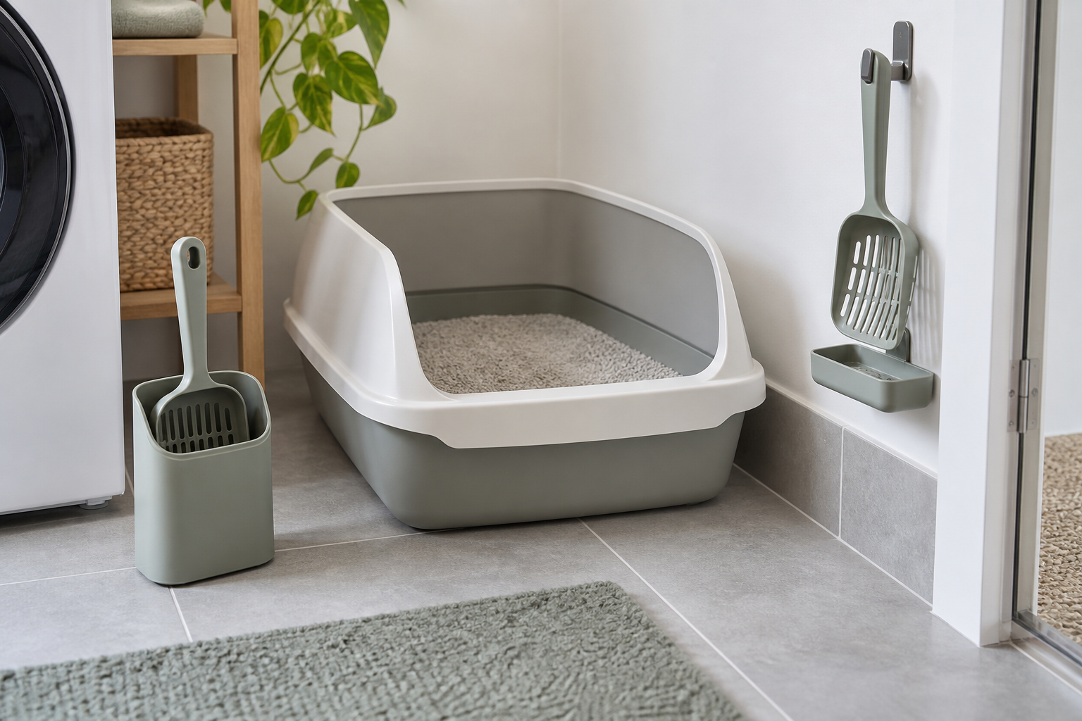 Freestanding washable litter scoop holder and a wall-mounted scoop hook with a small tray beside a high-sided litter box