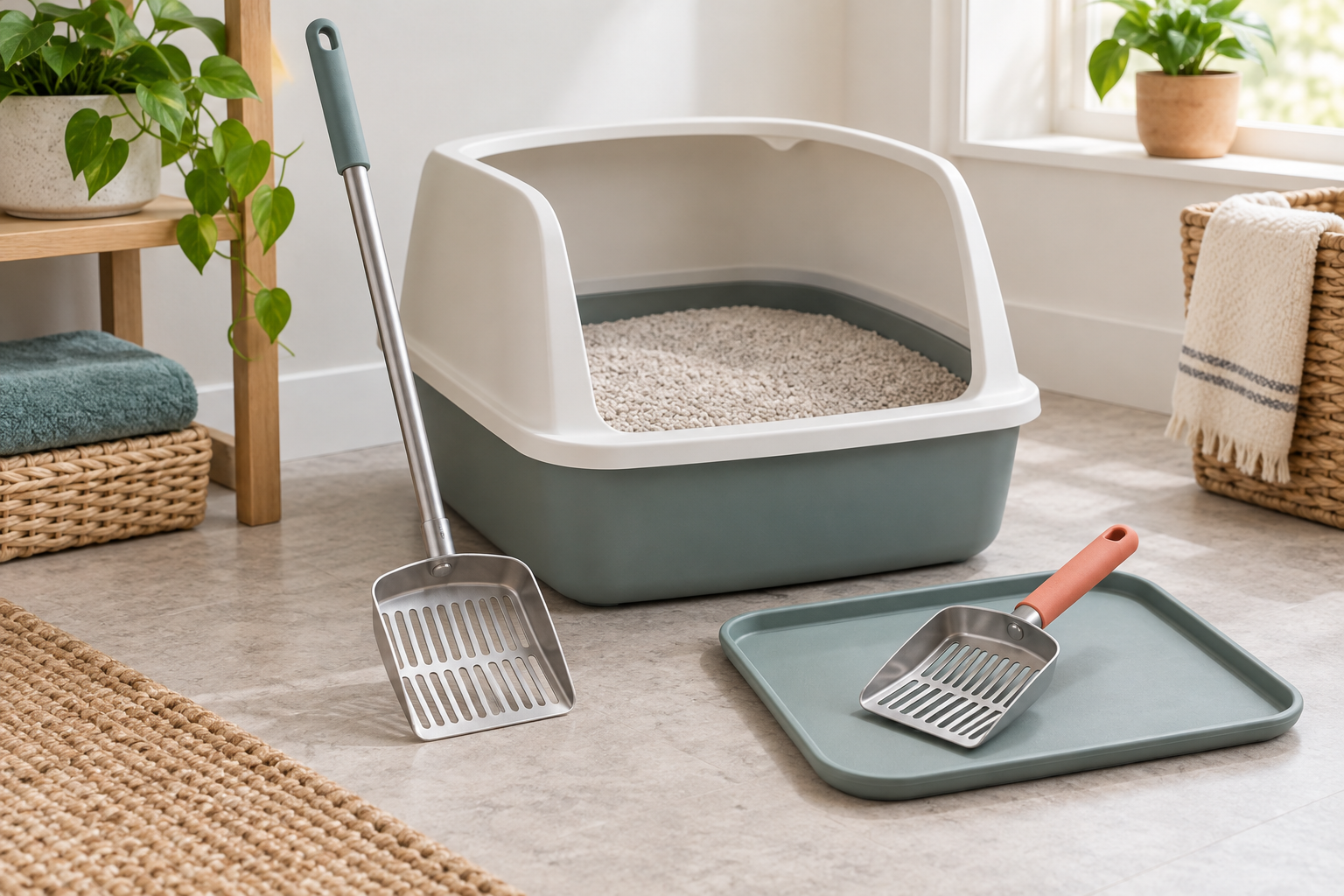 Long-handle and handheld slotted metal litter scoops beside a clean hooded litter box and washable tray