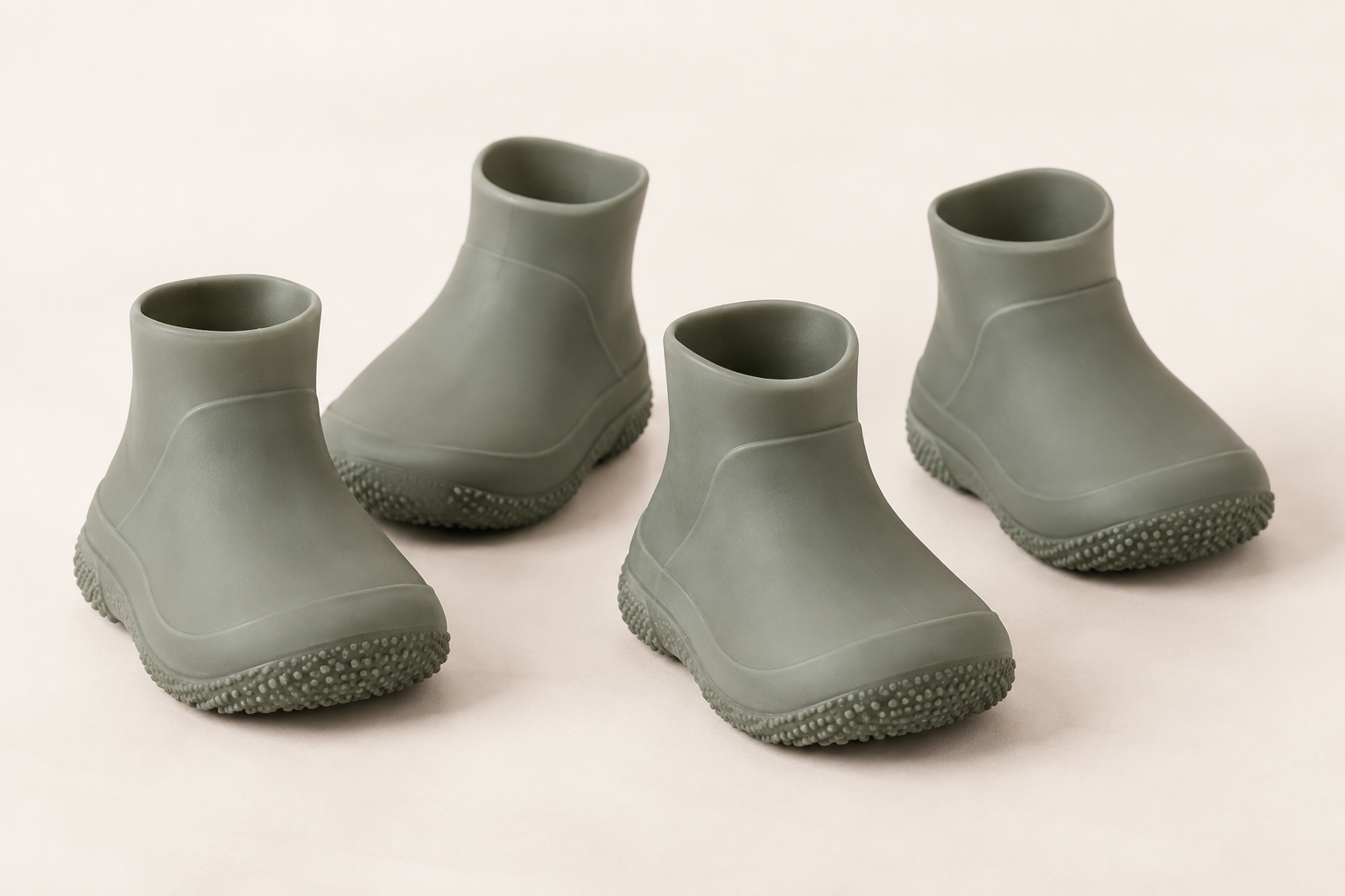 Representative set of low-profile flexible pull-on dog rain boots