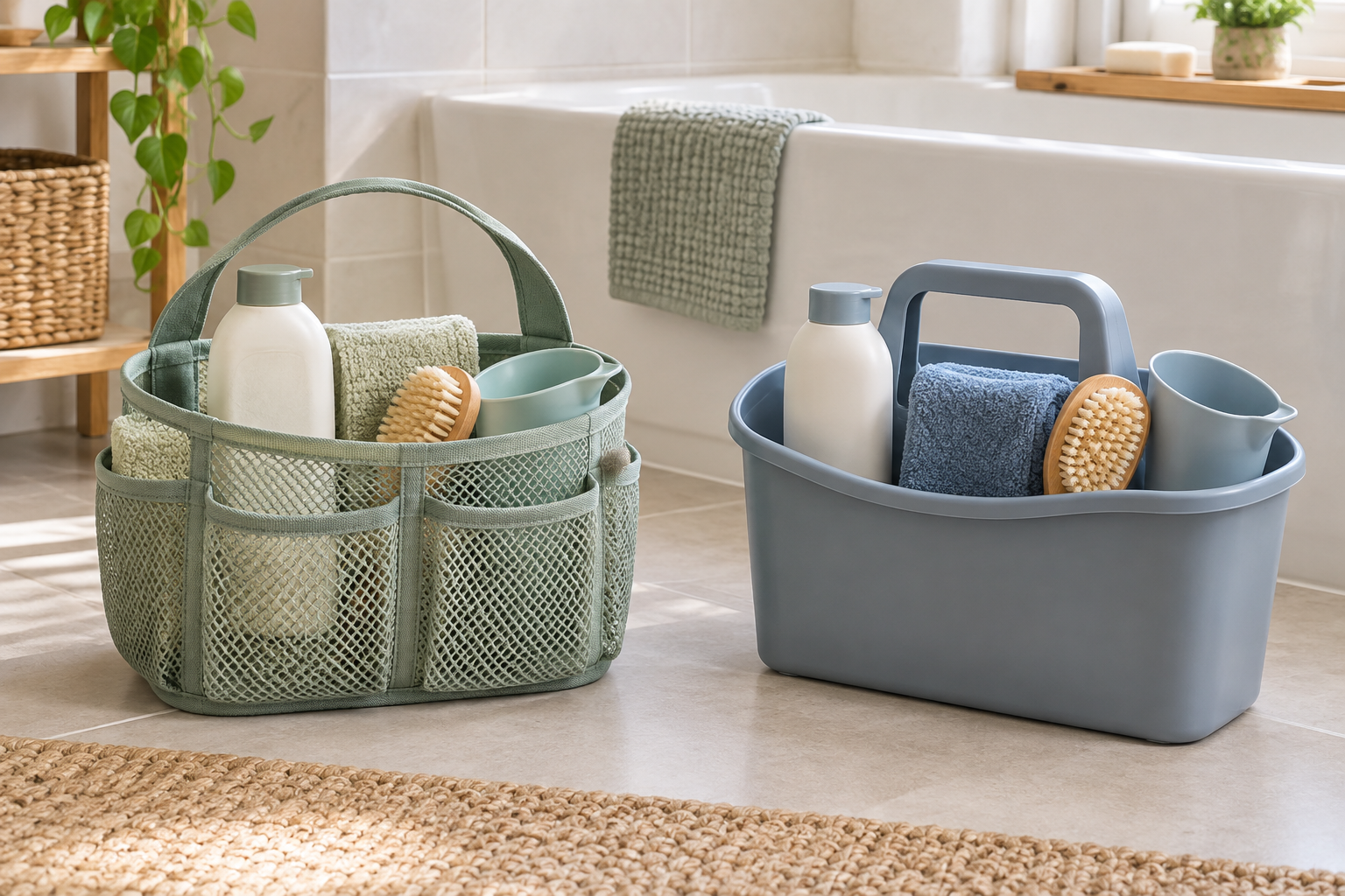 A sage mesh pet bath caddy and a blue solid plastic caddy, each holding an unbranded bottle, towel, brush, and rinse cup beside a dry bathtub