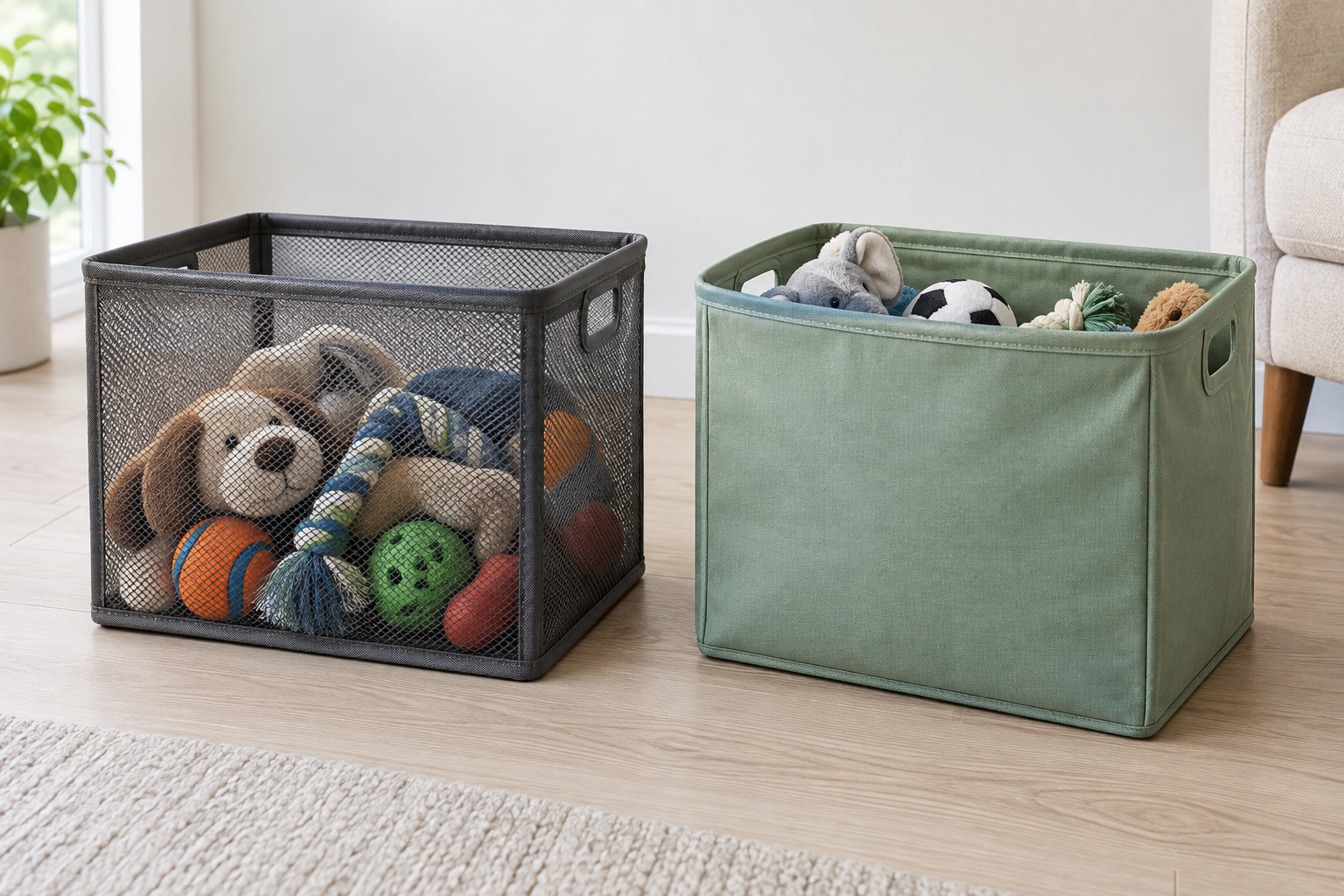 A black mesh pet toy bin showing balls, rope toys, and plush toys beside a sage solid-sided fabric toy bin