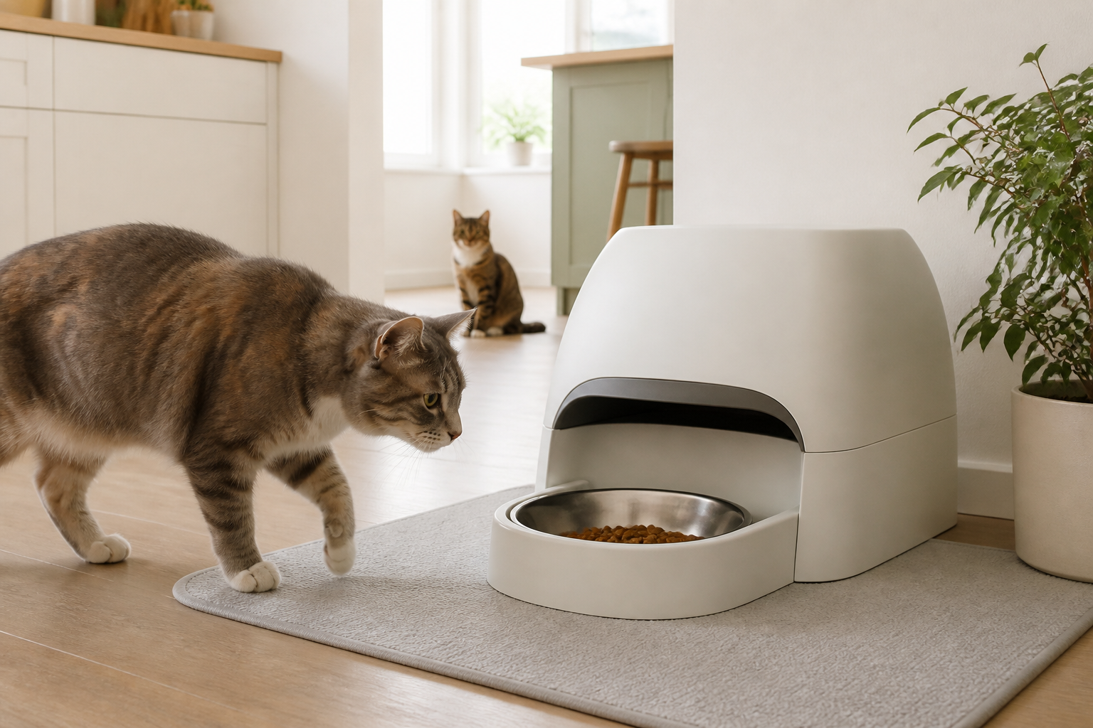 An unbranded covered-access pet feeder with a metal bowl in a calm two-cat feeding area