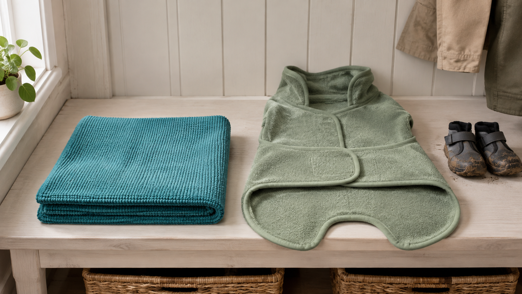 A folded teal microfiber dog towel beside a sage wearable dog towel robe with neck opening and belly strap on a bright mudroom bench