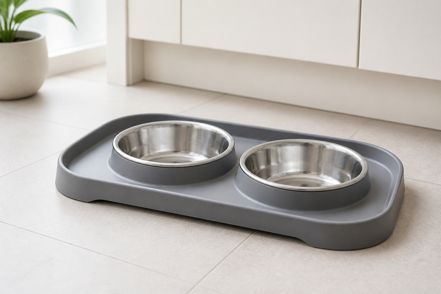 Generic two-bowl pet feeding tray with removable stainless steel inserts and a raised spill-catching edge