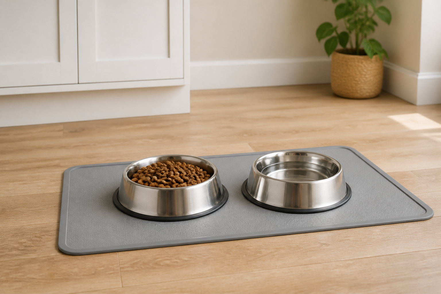 Two separate stainless steel pet bowls for food and water on a gray washable mat in a bright home feeding area