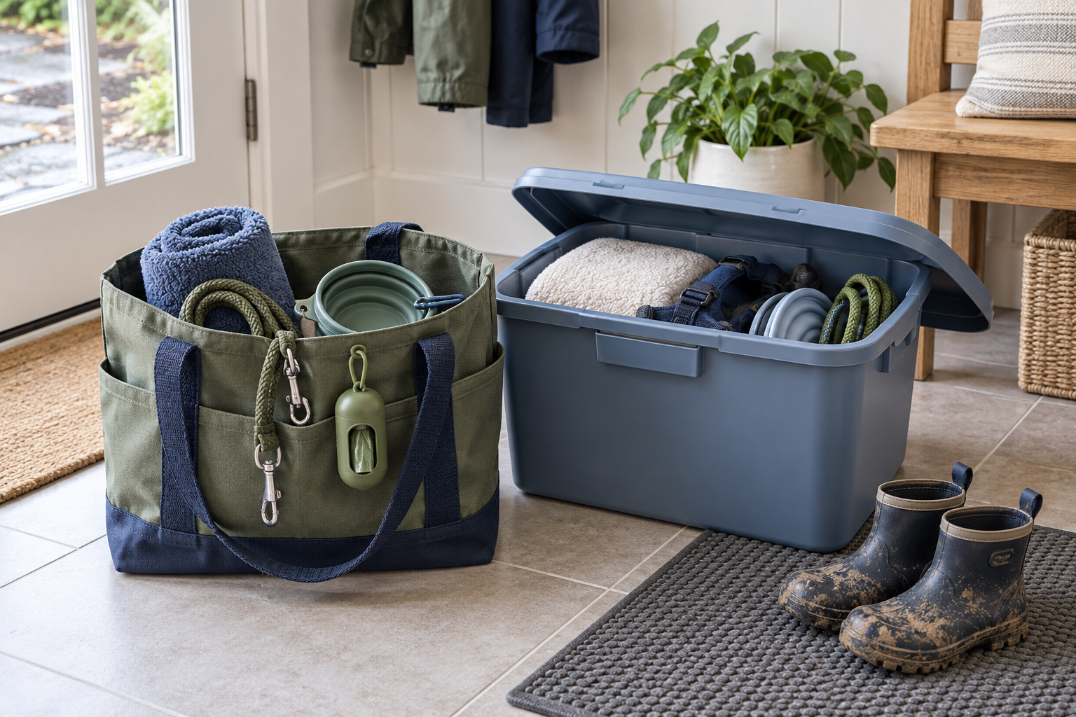 An open sage washable tote and a blue lidded storage bin holding dry towels, leashes, bowls, and walking accessories beside muddy boots on a separate washable mat