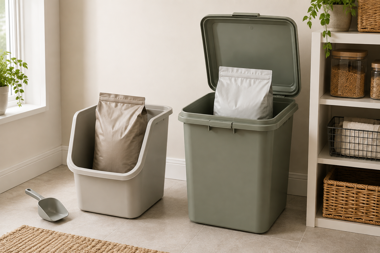 An open-top bin and a hinged-lid bin, each holding an unbranded sealed pet-food bag in a tidy home pantry