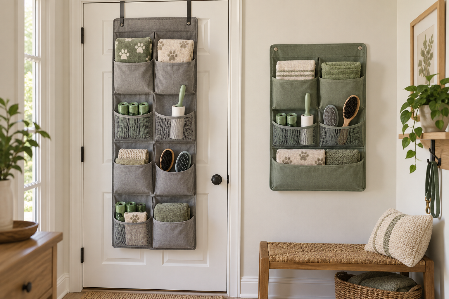 A gray over-door pocket organizer and a sage wall-mounted pocket organizer holding clean towels, waste-bag rolls, lint rollers, and grooming brushes
