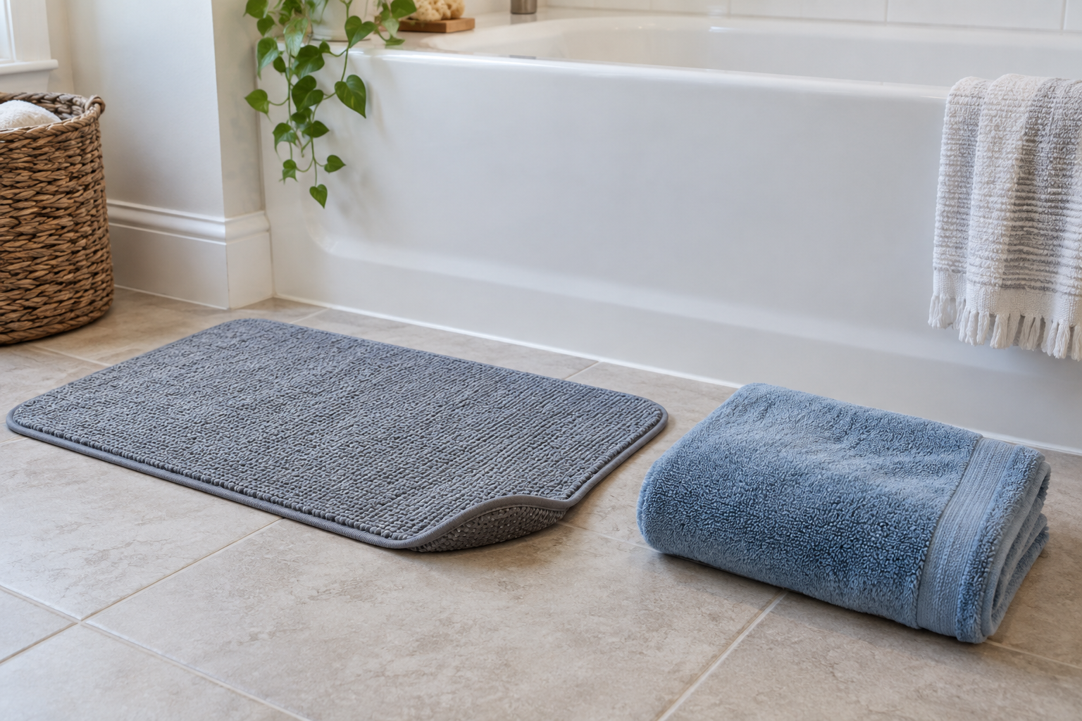 A washable textured gray bath mat with a visible backing edge and a separate folded blue absorbent towel beside a dry bathtub