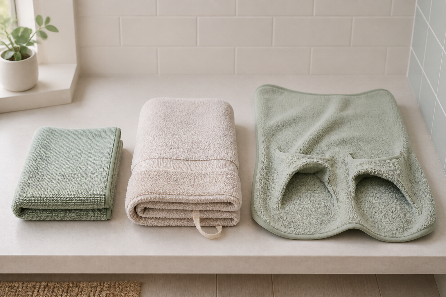 A compact microfiber towel, looped cotton terry towel, and hand-pocket pet towel arranged on a small bathroom counter