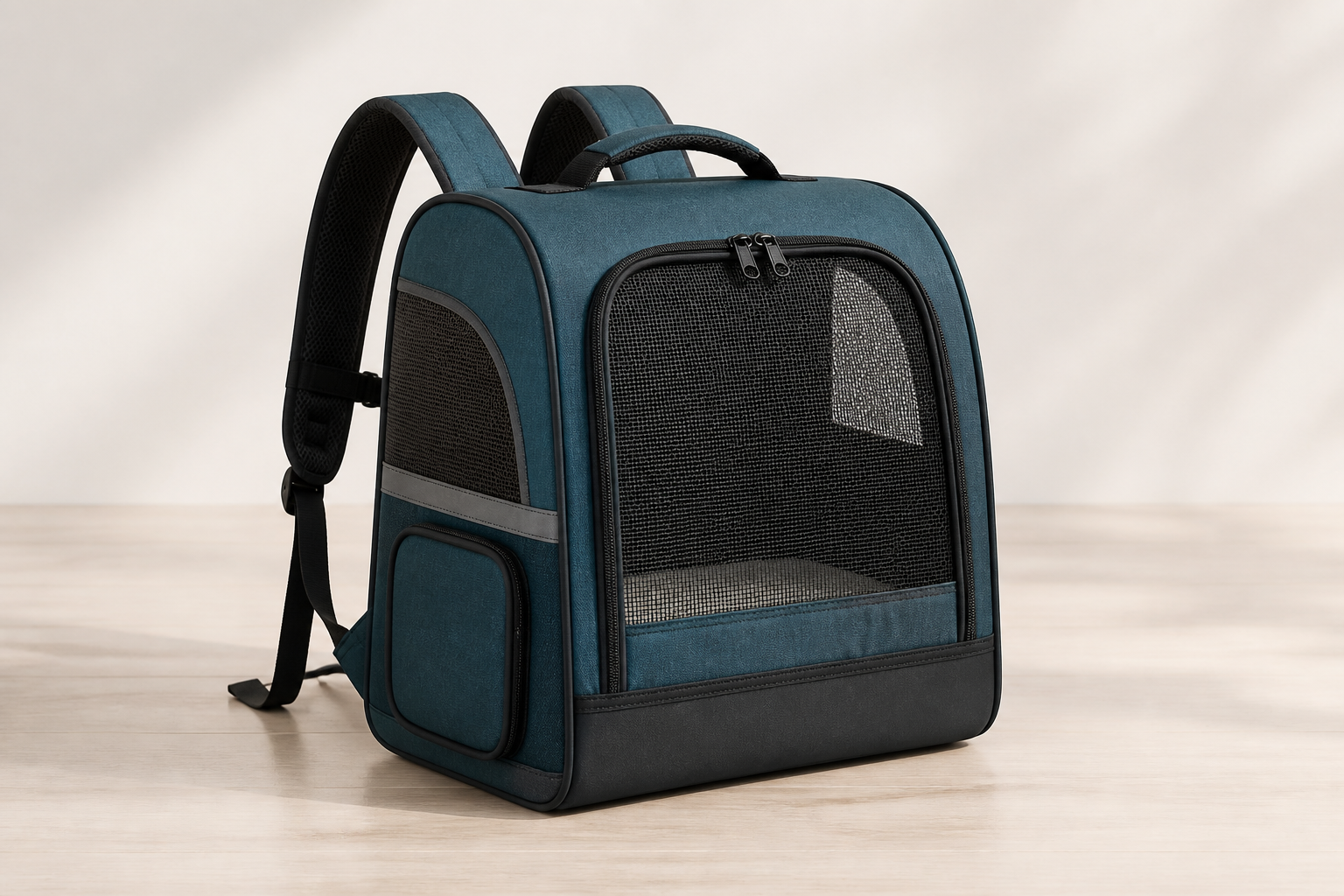 Generic structured teal pet carrier backpack with broad mesh ventilation panels, a flat base, and padded shoulder straps