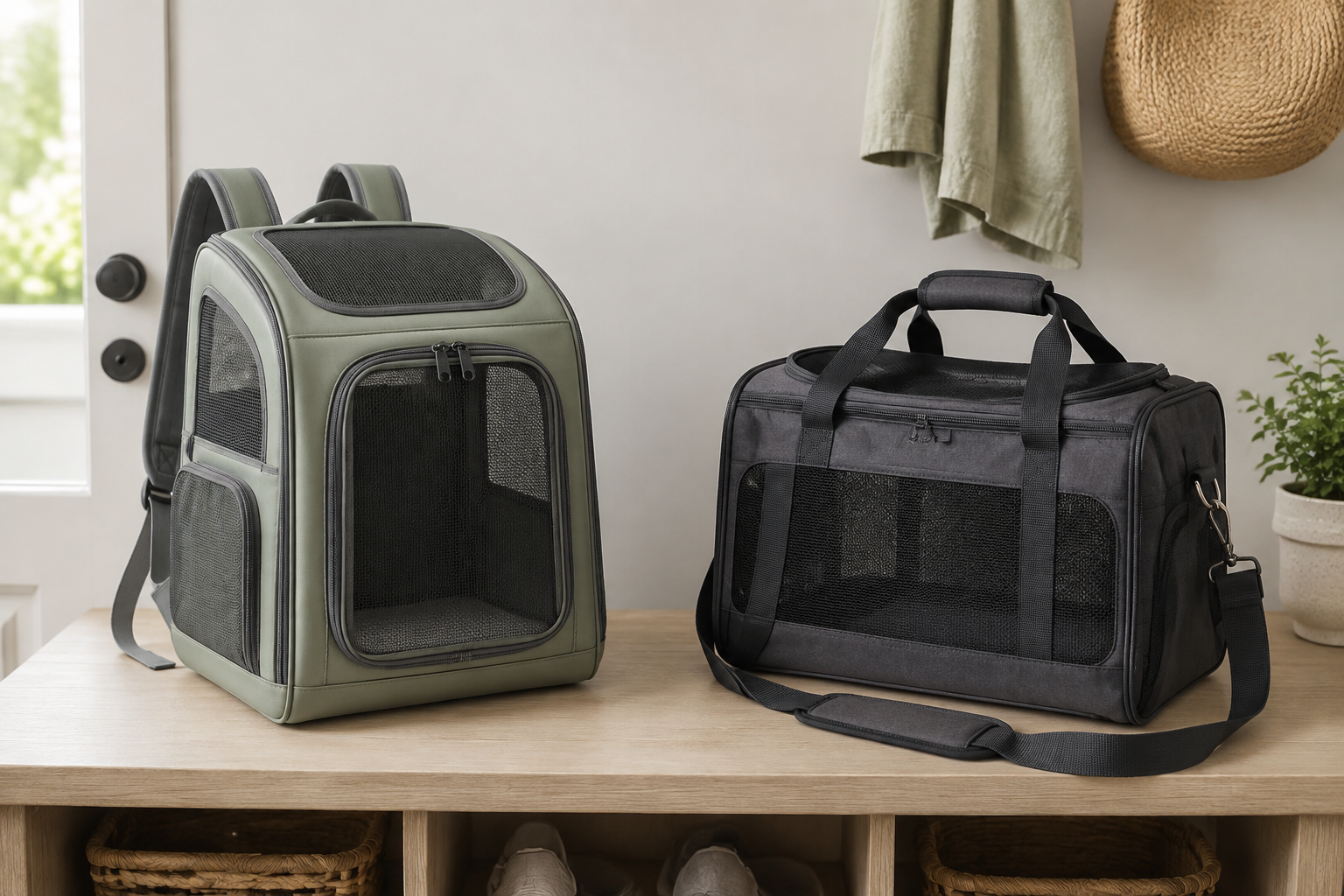 An unbranded structured sage pet carrier backpack beside a charcoal soft-sided shoulder pet carrier, showing their different shapes, straps, mesh panels, and bases
