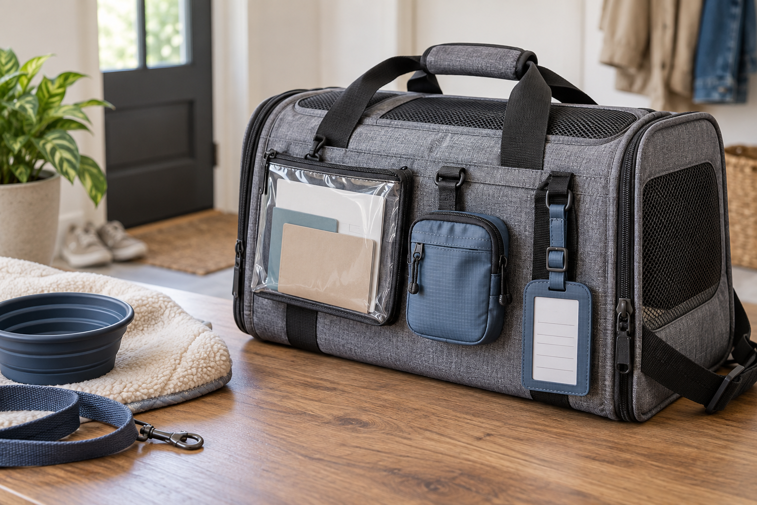 A gray soft-sided pet carrier with a clear document pouch, compact zip pouch, and luggage-style ID sleeve attached for comparison.