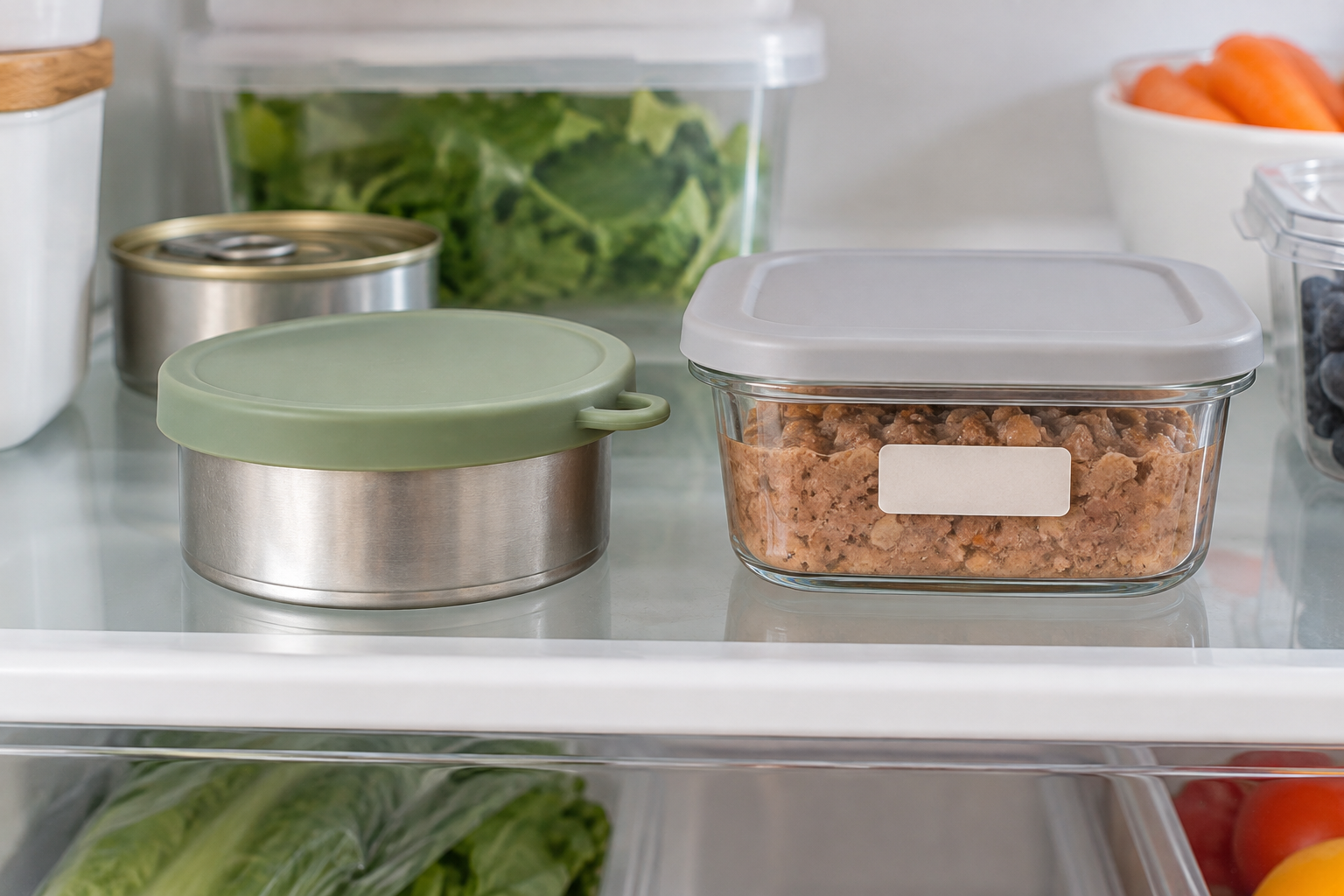 Sage reusable cover fitted to a metal pet food can beside wet pet food transferred into a closed labeled glass container on a refrigerator shelf