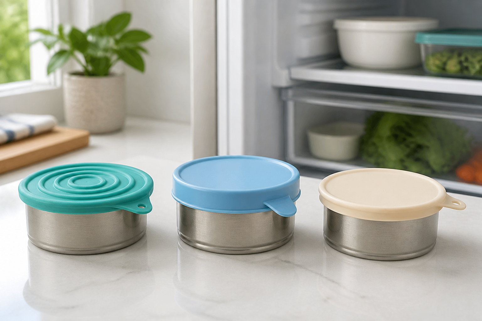 Multi-ring silicone lid, rigid tabbed cover, and flexible stretch cap fitted to three generic metal pet food cans beside a refrigerator