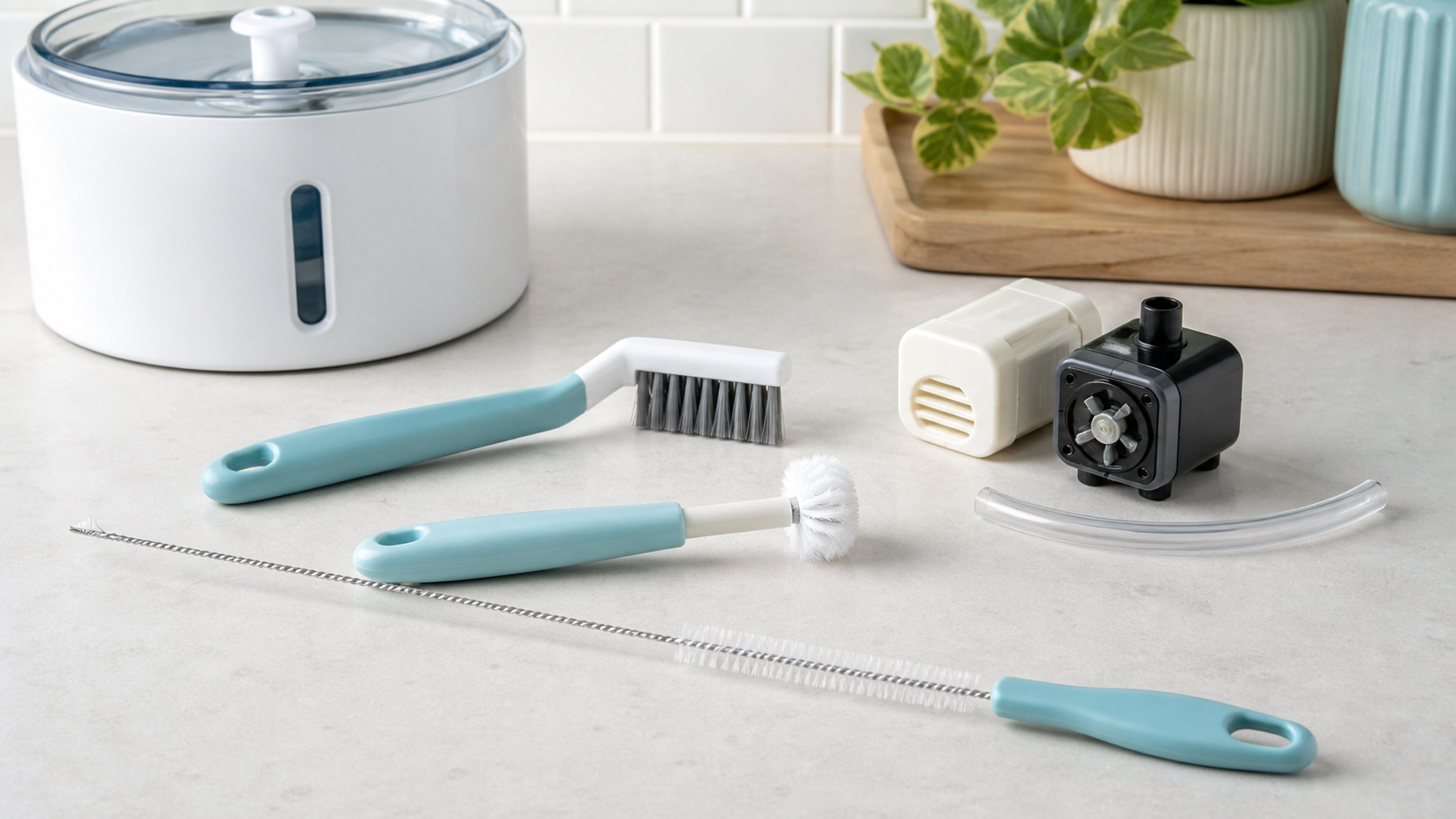 A slim tube brush, round pump-detail brush, and angled seam brush beside a disassembled clean pet fountain pump and clear tube.