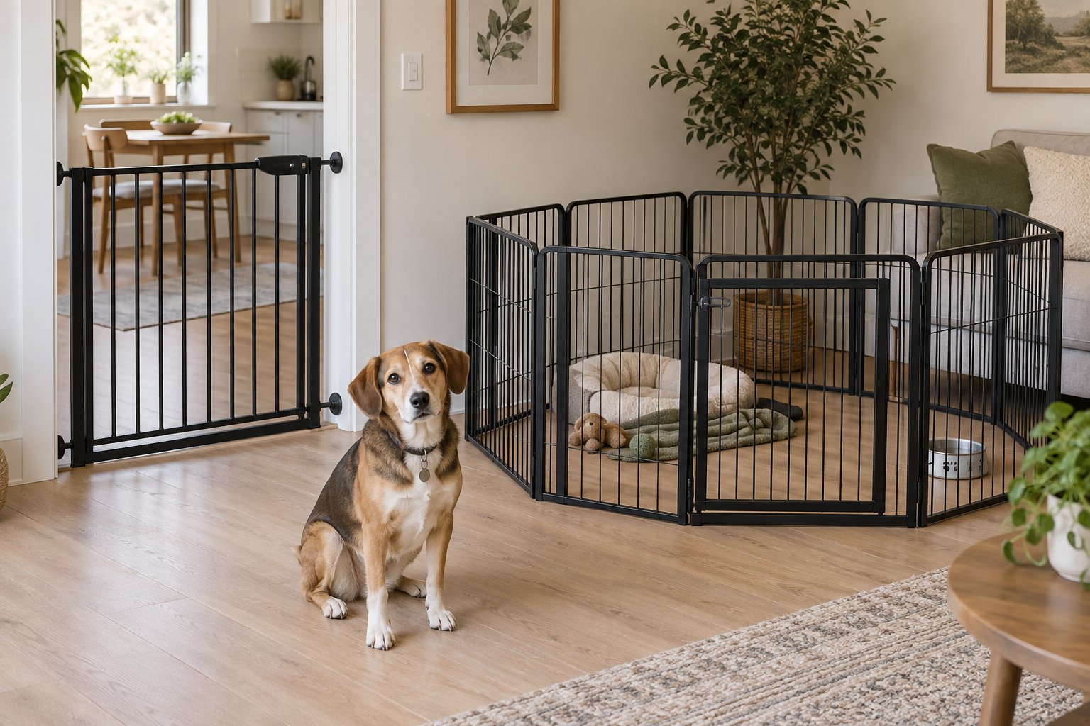 A black walk-through pet gate mounted in an apartment doorway beside a configurable black exercise pen in a compact living room