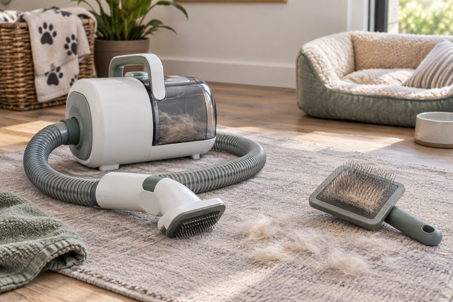Generic compact pet grooming vacuum with hose attachment beside a manual slicker-style grooming brush on a washable mat