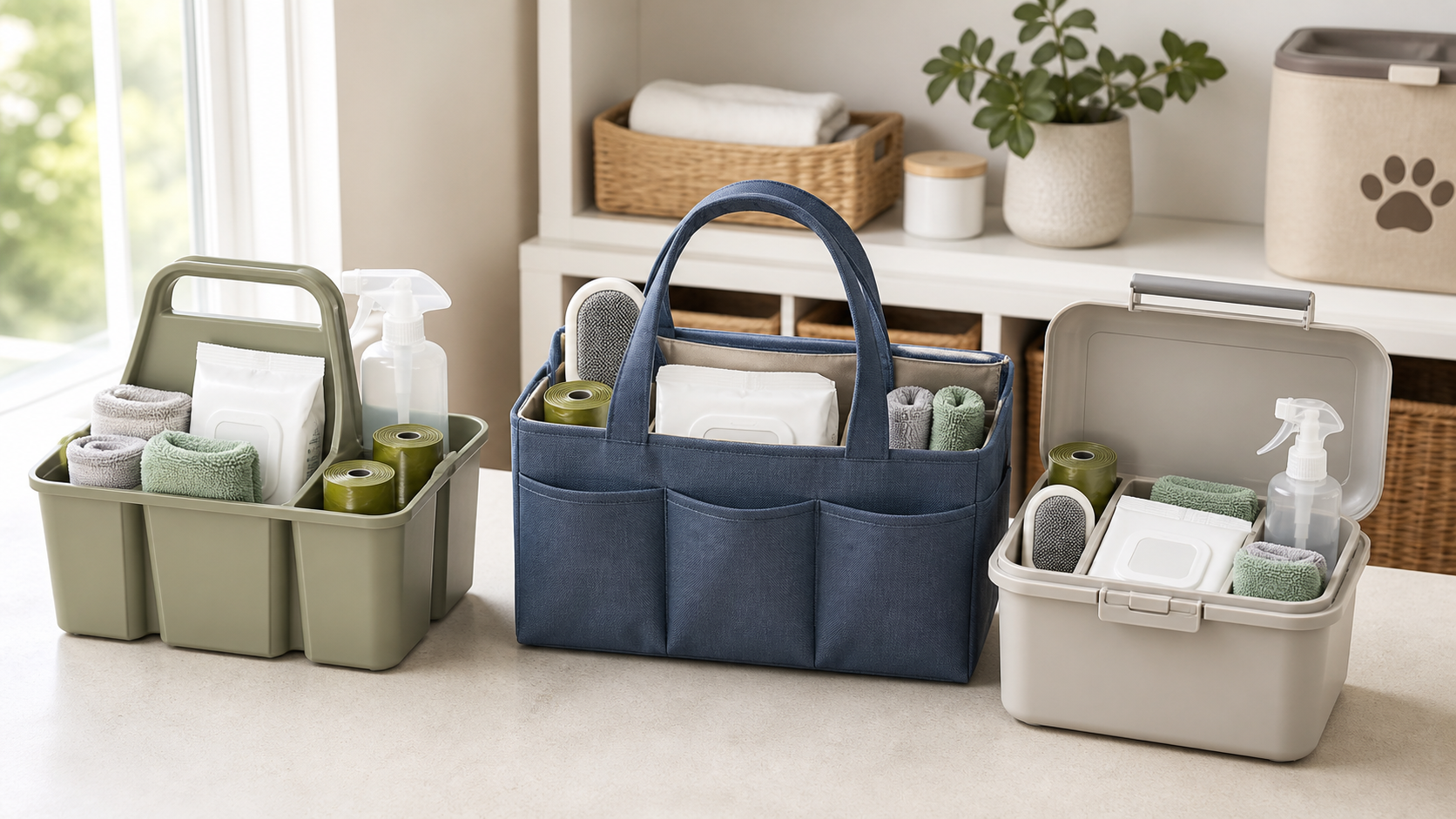 A rigid divided caddy, washable handled tote, and compact lidded carry box filled with cloths, pet wipes, waste-bag rolls, and ordinary cleanup supplies.