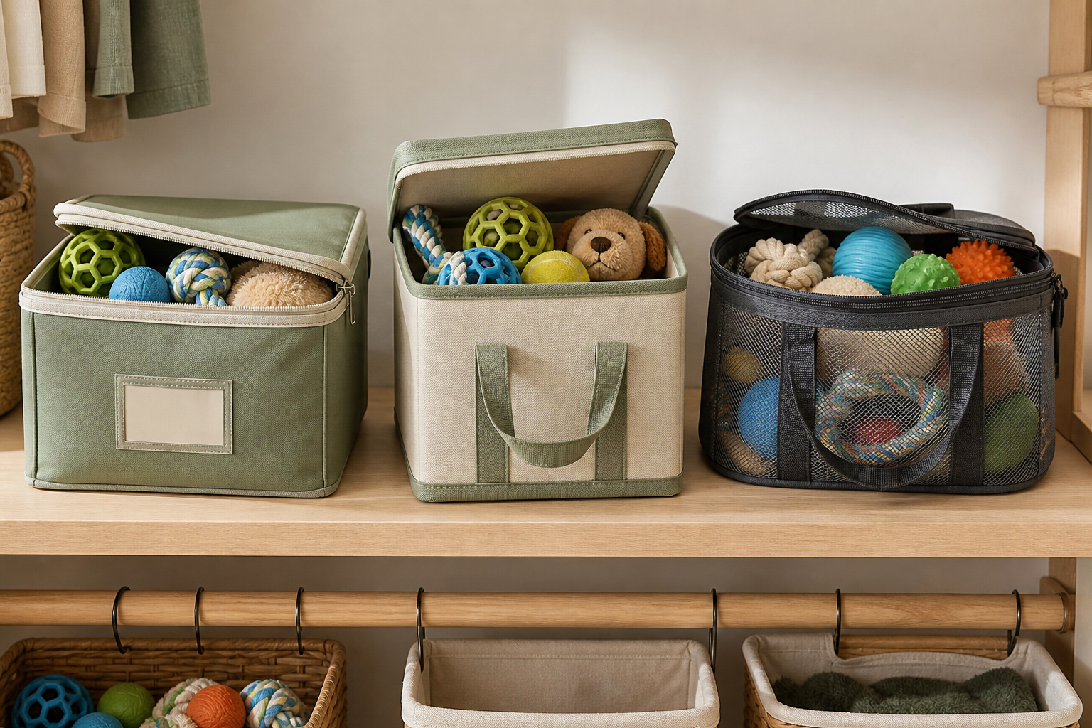 A zippered fabric bag, structured lidded cube, and mesh-sided tote holding clean pet toys on a closet shelf.