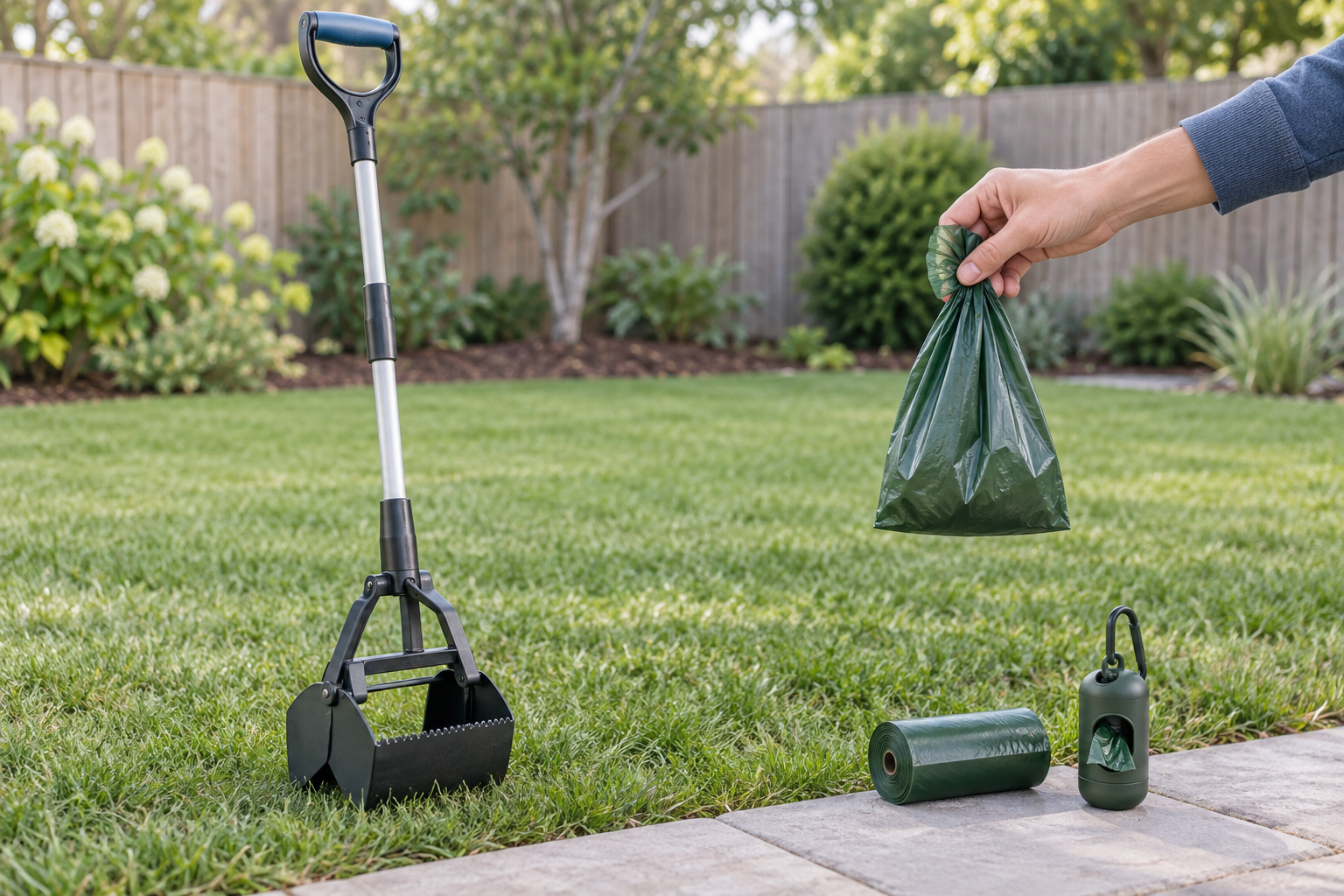 Long-handle jaw-style pooper scooper beside a roll and handheld dog waste bag in a tidy private yard