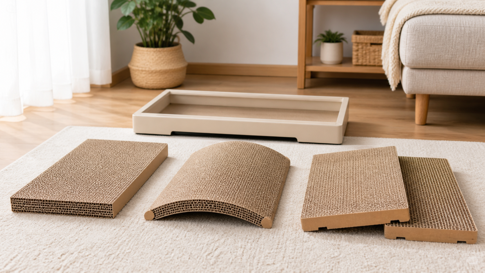 Flat rectangular, curved, and reversible corrugated-cardboard cat scratcher inserts arranged beside a neutral reusable frame.
