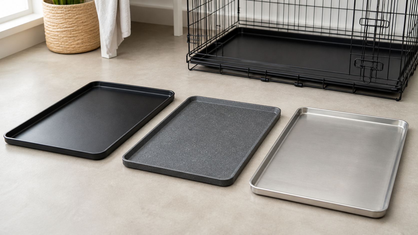 Black molded plastic, gray composite-style, and silver metal replacement dog crate trays arranged beside an empty wire crate.