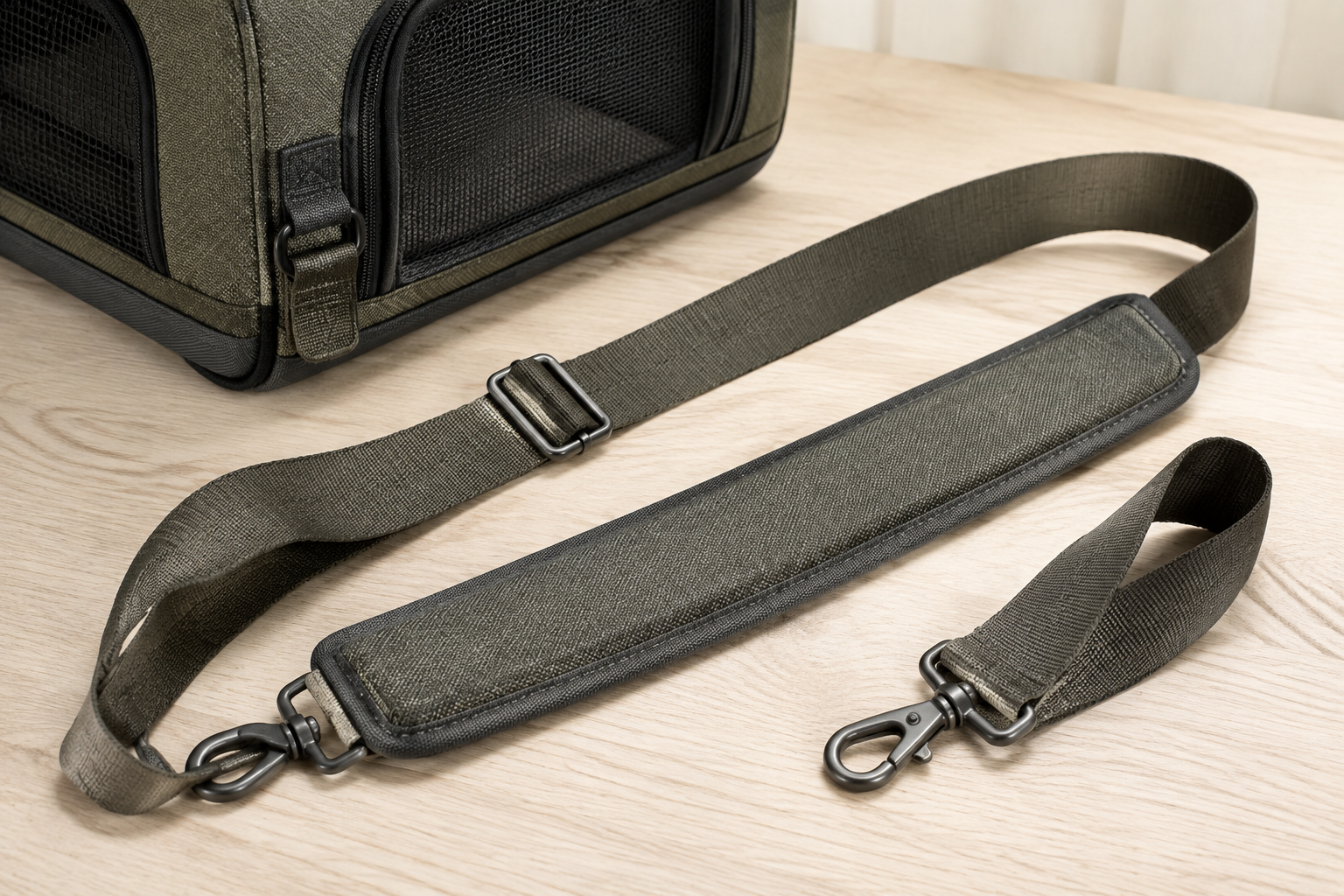 Unbranded olive-gray replacement shoulder strap with a long sliding pad, adjuster, and swivel hooks