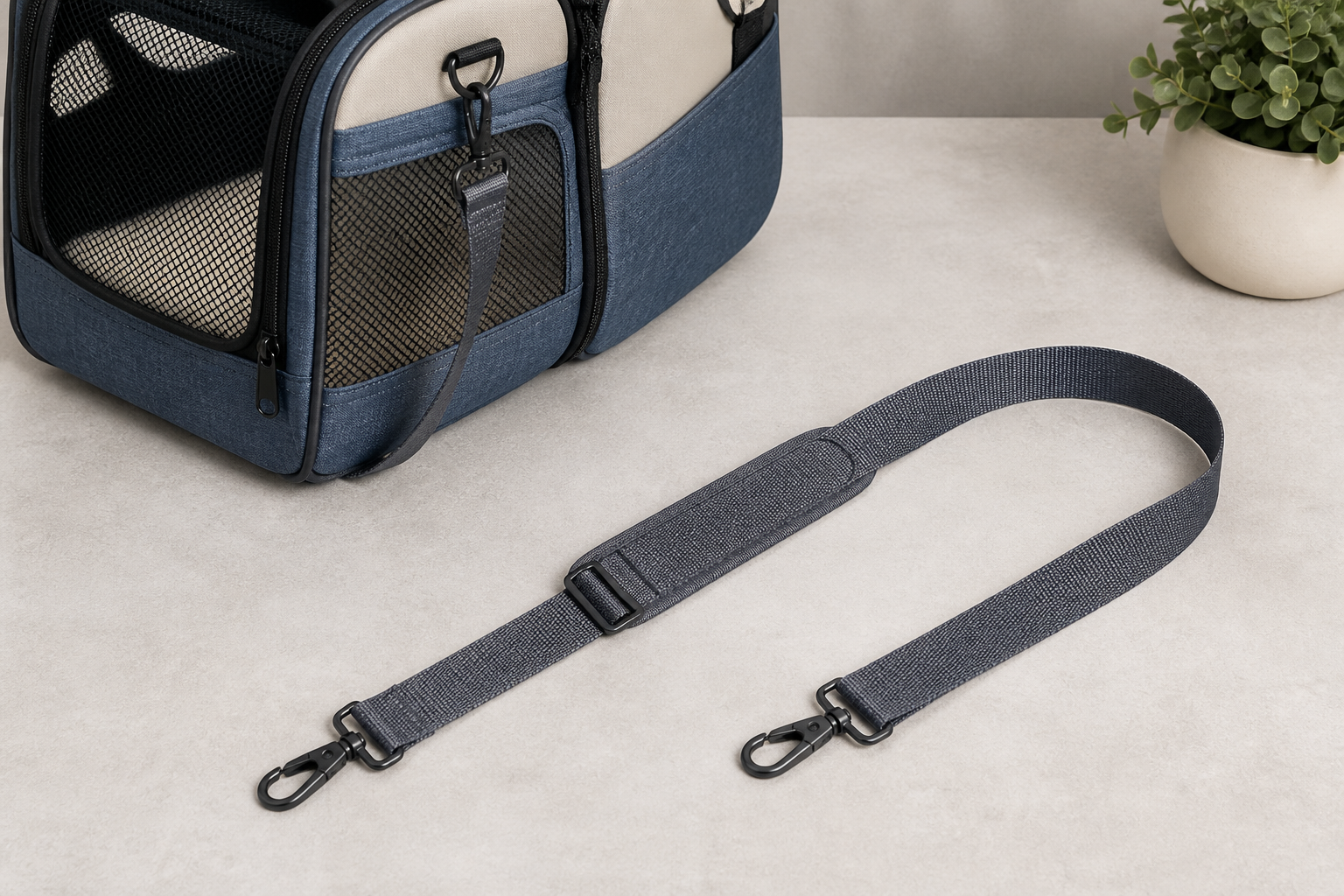 Unbranded slim gray replacement shoulder strap with two swivel clips beside a soft pet carrier