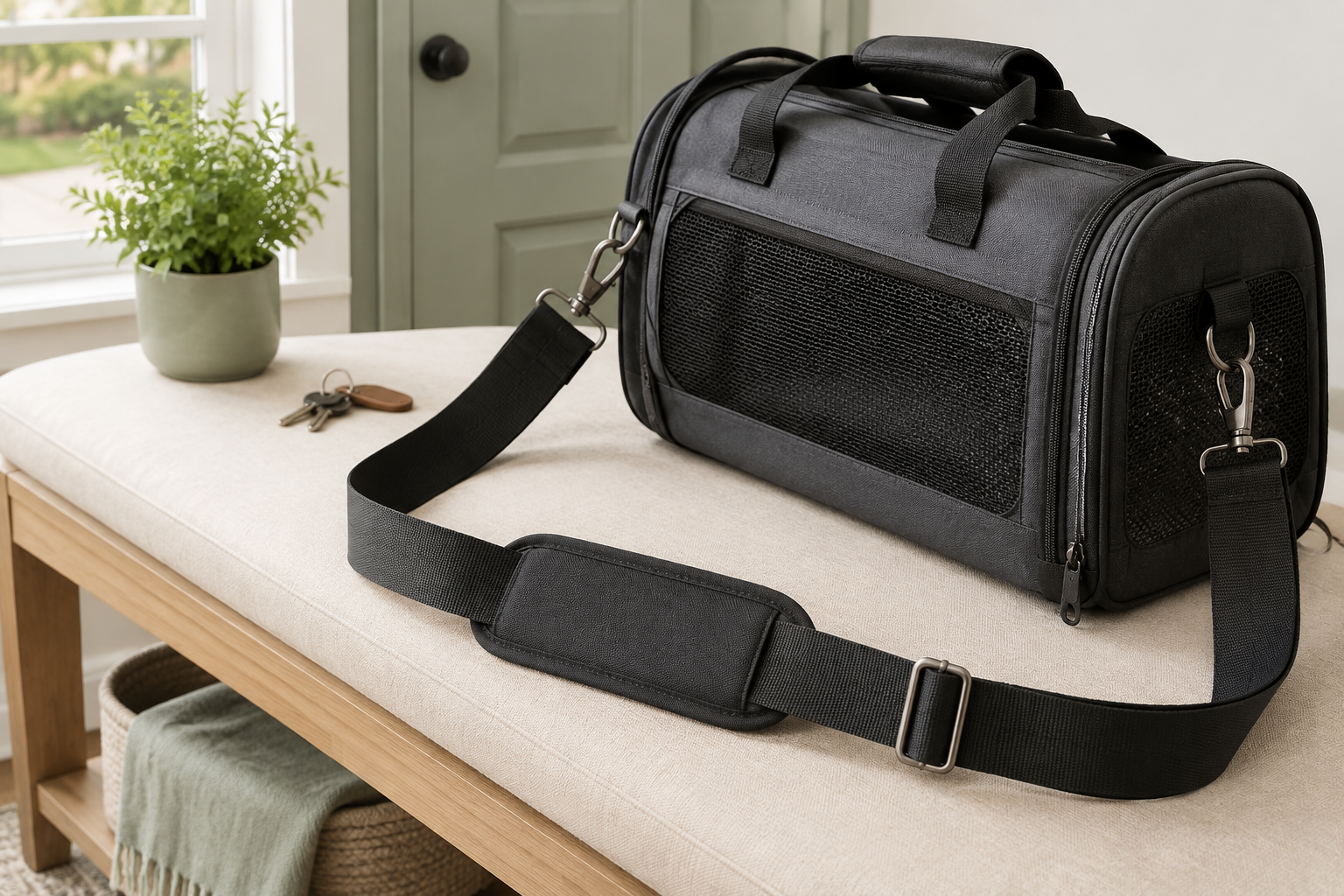 Wide black padded replacement shoulder strap clipped to intact metal D-rings on a soft-sided pet carrier