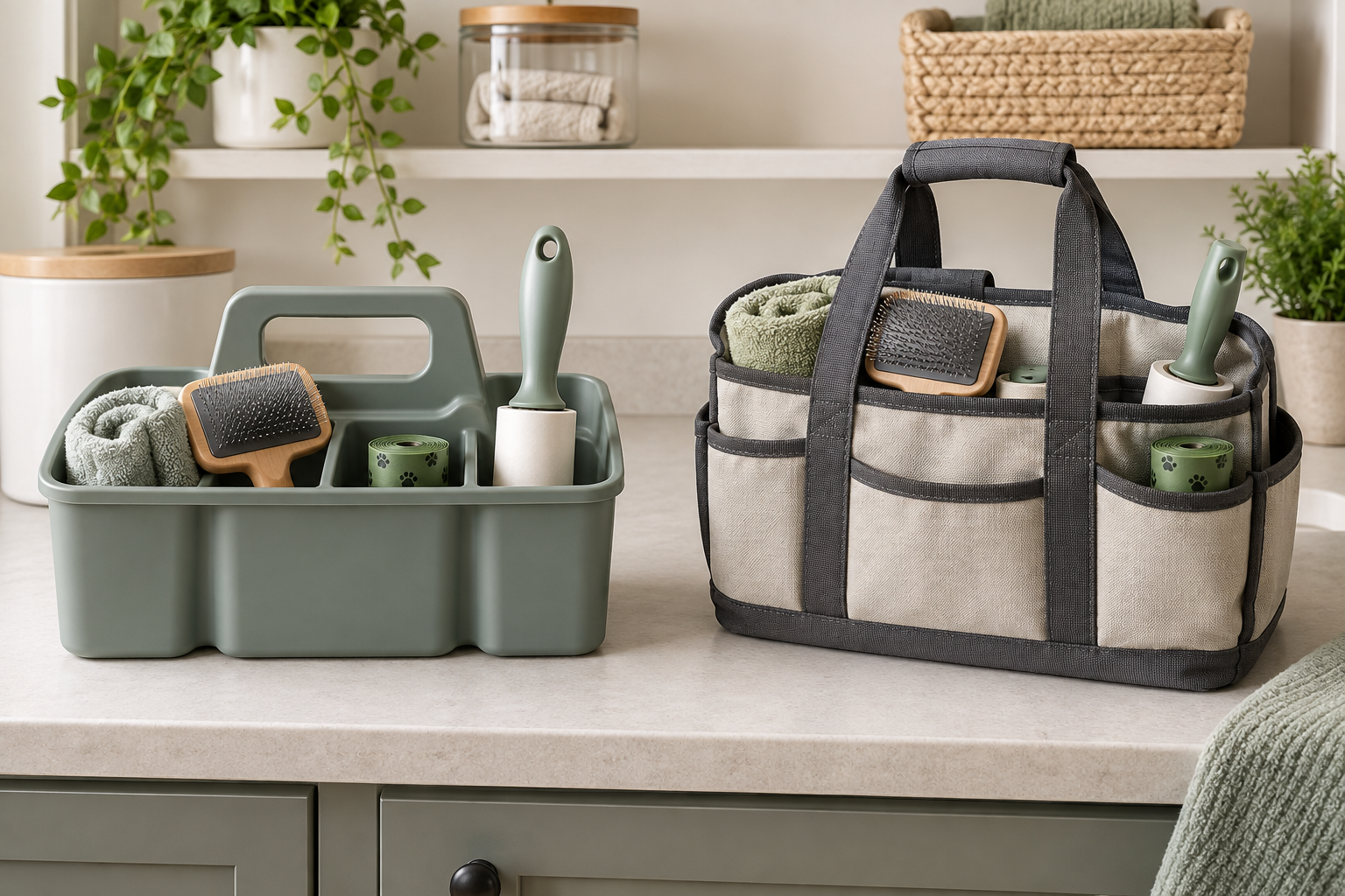 A sage rigid divided caddy and a cream soft-sided fabric caddy holding clean towels, grooming brushes, lint rollers, and waste-bag rolls