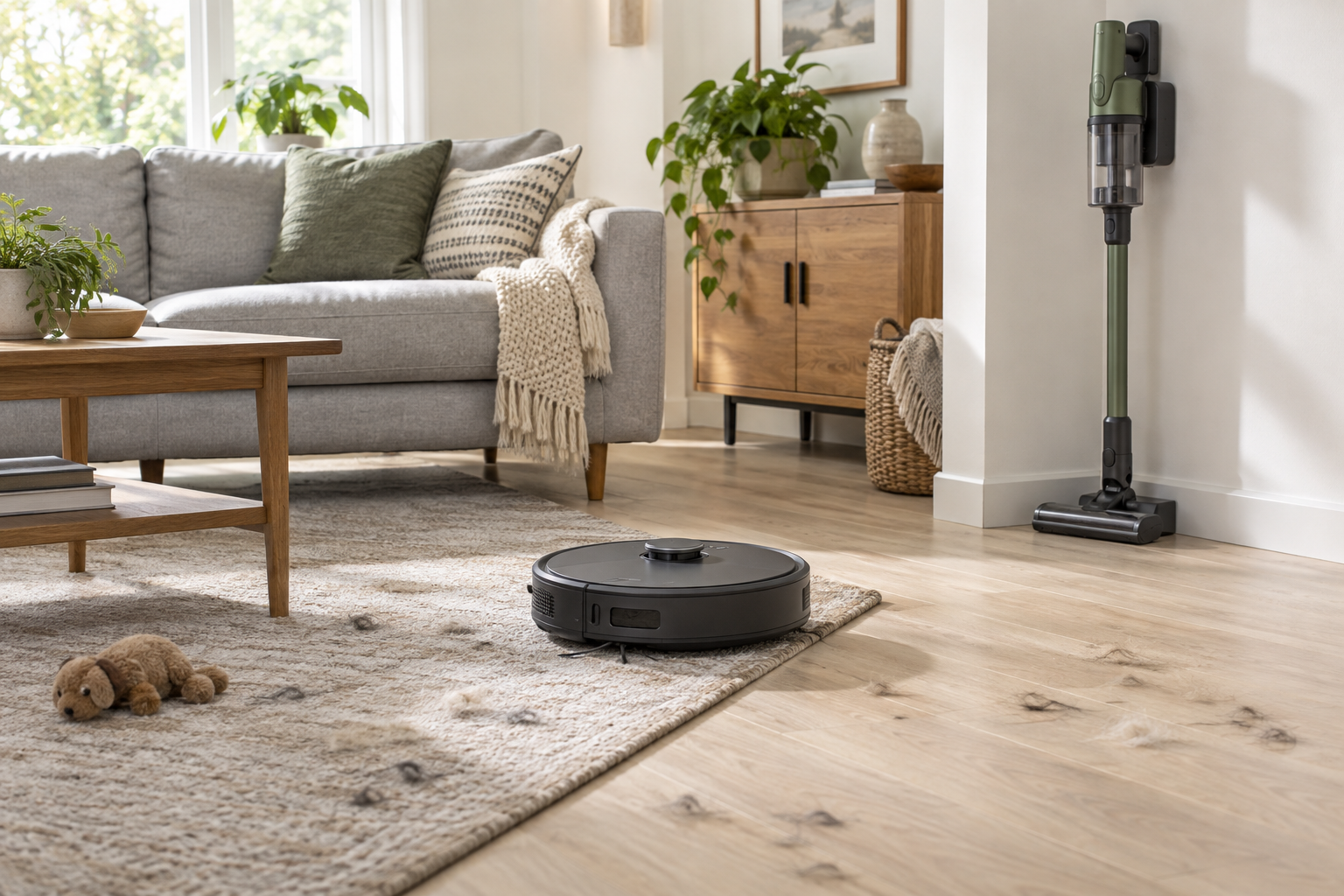 Round robot vacuum crossing a low-pile rug near a pet toy while a cordless stick vacuum rests in a secure wall dock beside visible loose pet hair