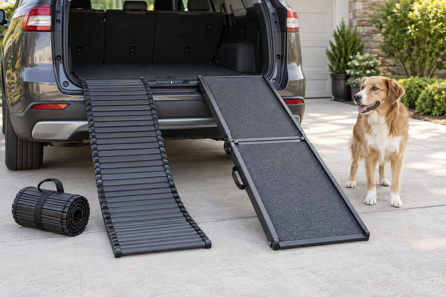 Unbranded roll-up slatted pet ramp and hinged folding pet ramp deployed behind a stationary SUV, with a calm dog standing beside them