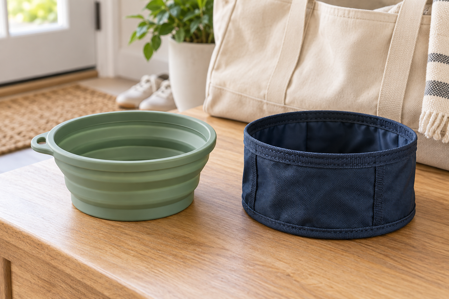 Sage accordion-style silicone pet travel bowl beside a navy coated-fabric fold-flat bowl with visible seams