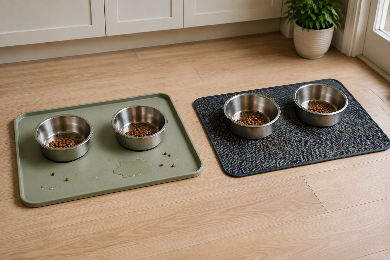 A sage raised-edge silicone feeding mat with a small water spill beside a charcoal woven fabric feeding mat with food crumbs