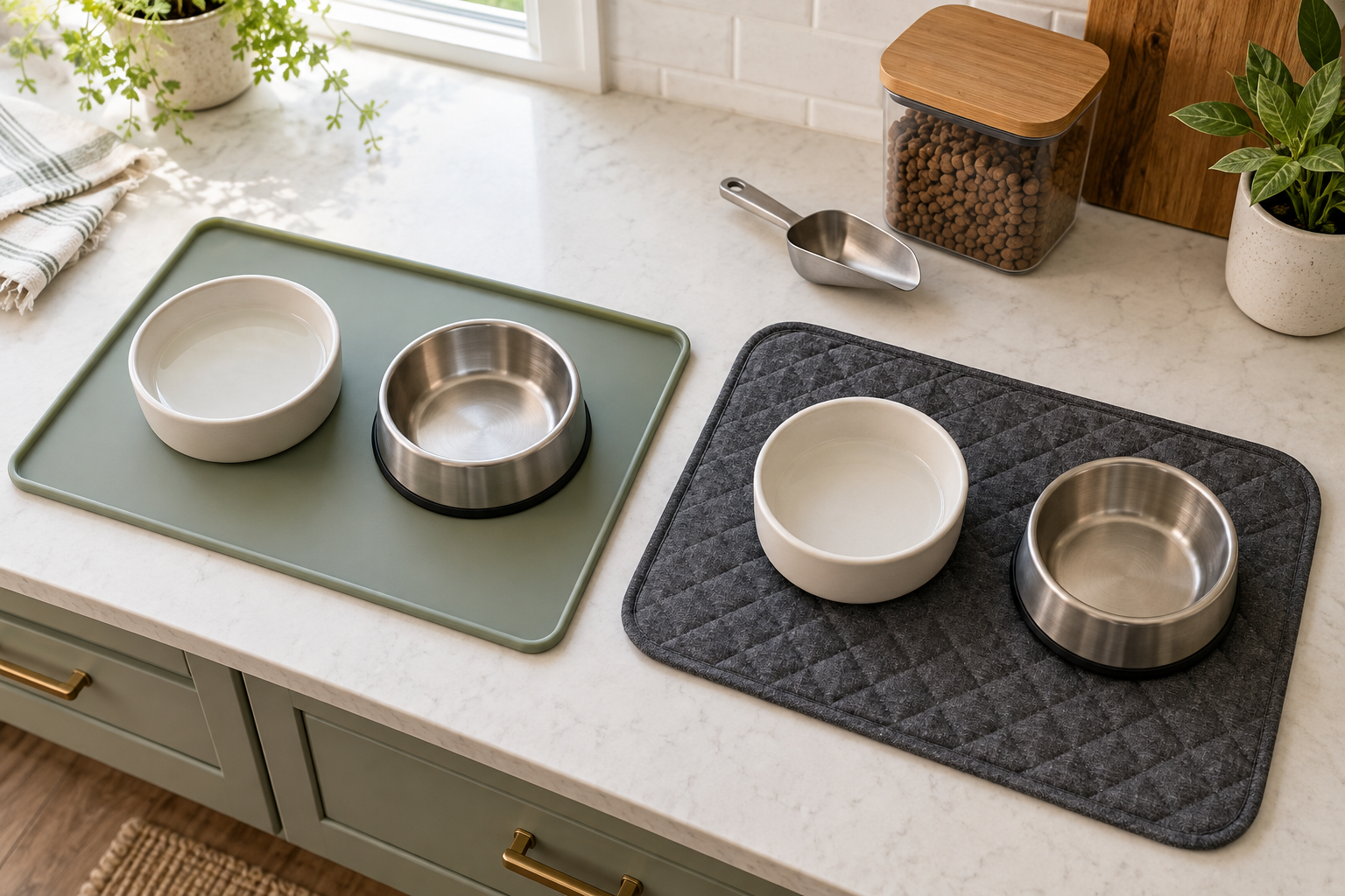 A sage raised-edge silicone mat and charcoal quilted washable fabric mat side by side with pet bowls and a scoop on a clean food-preparation counter